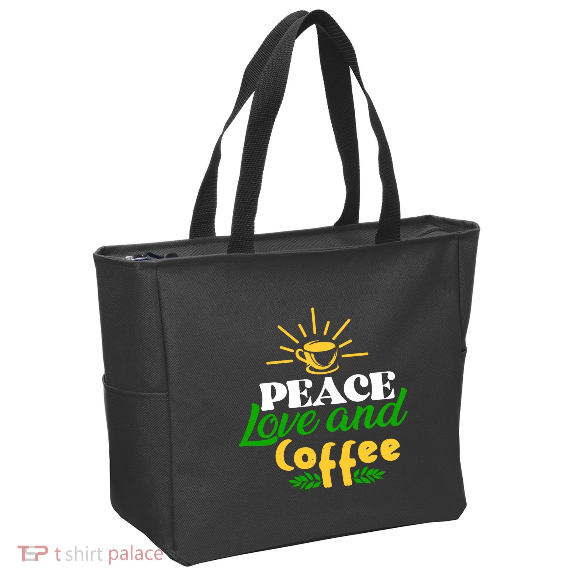 Peace Love & Coffee Motif Tote Bag
