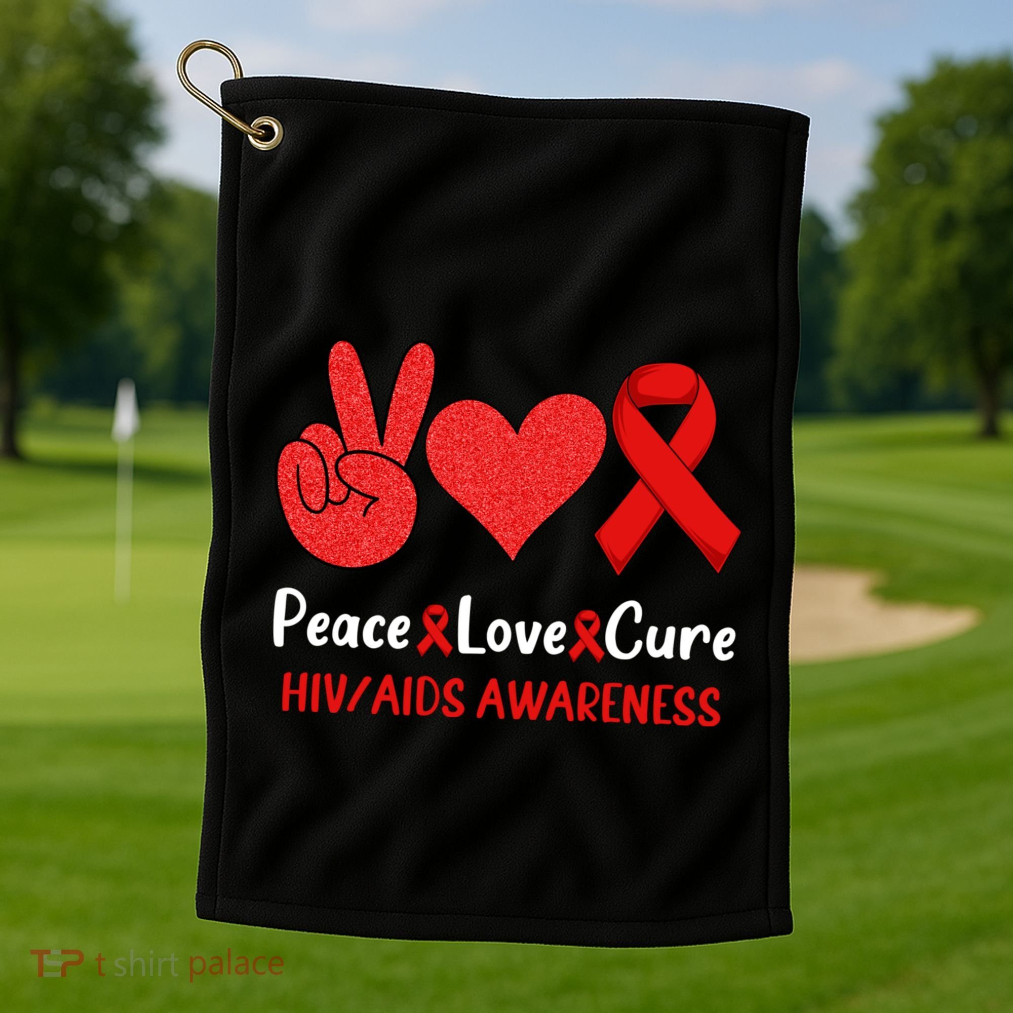 Peace Love Cure World Aids Day HIV/AIDS Awareness Golf Towel