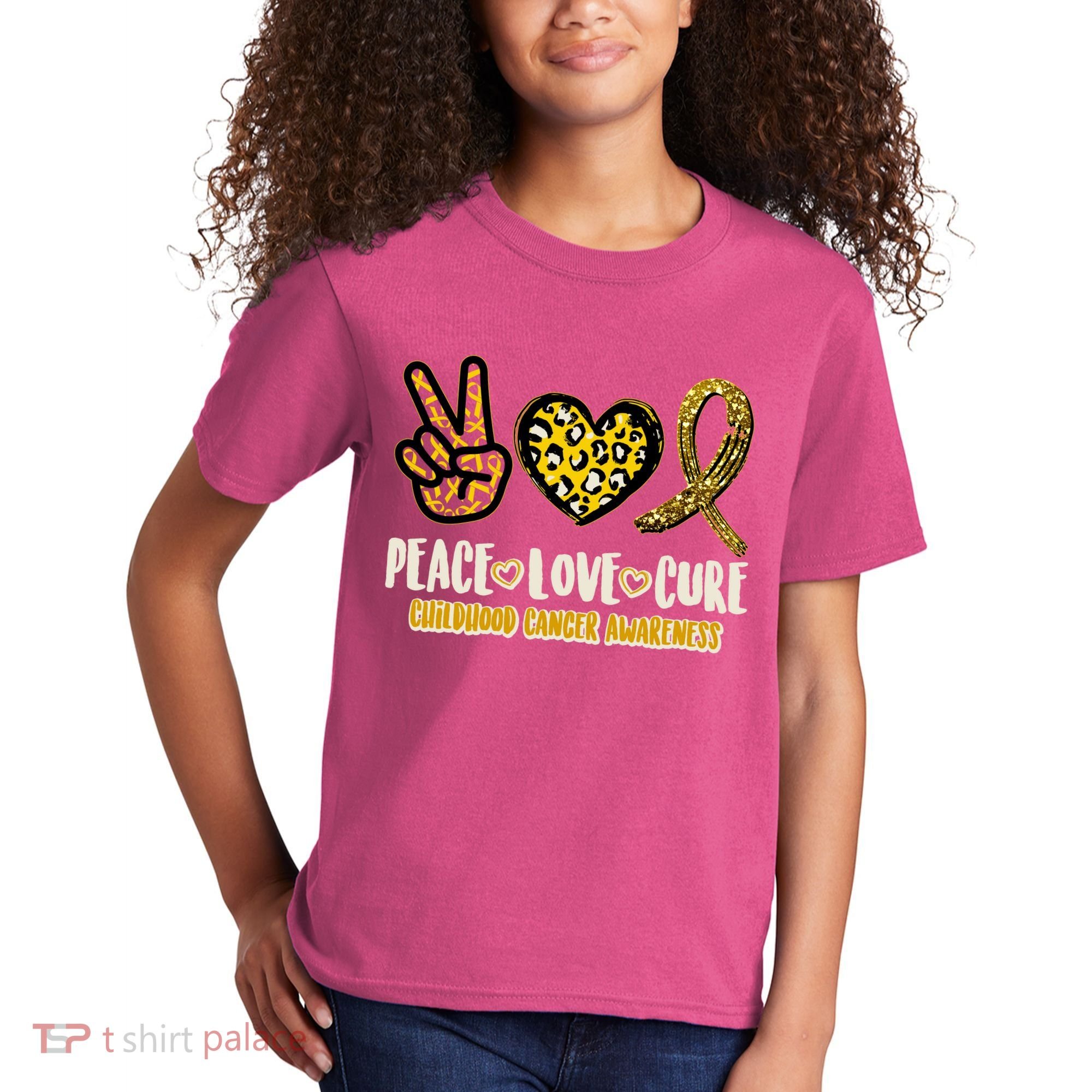 Peace Love Cure Childhood Cancer Awareness Kids T-Shirt