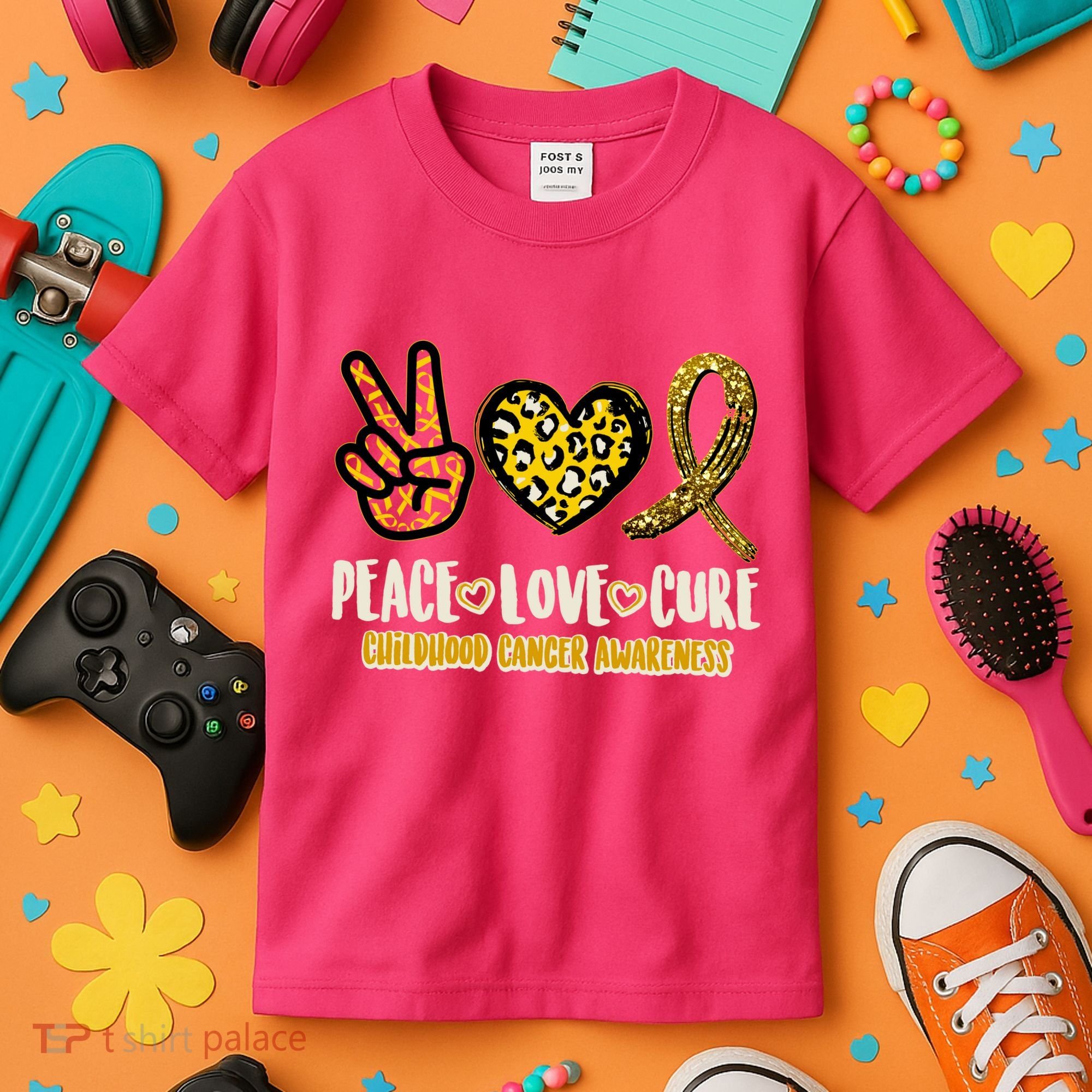 Peace Love Cure Childhood Cancer Awareness Kids T-Shirt