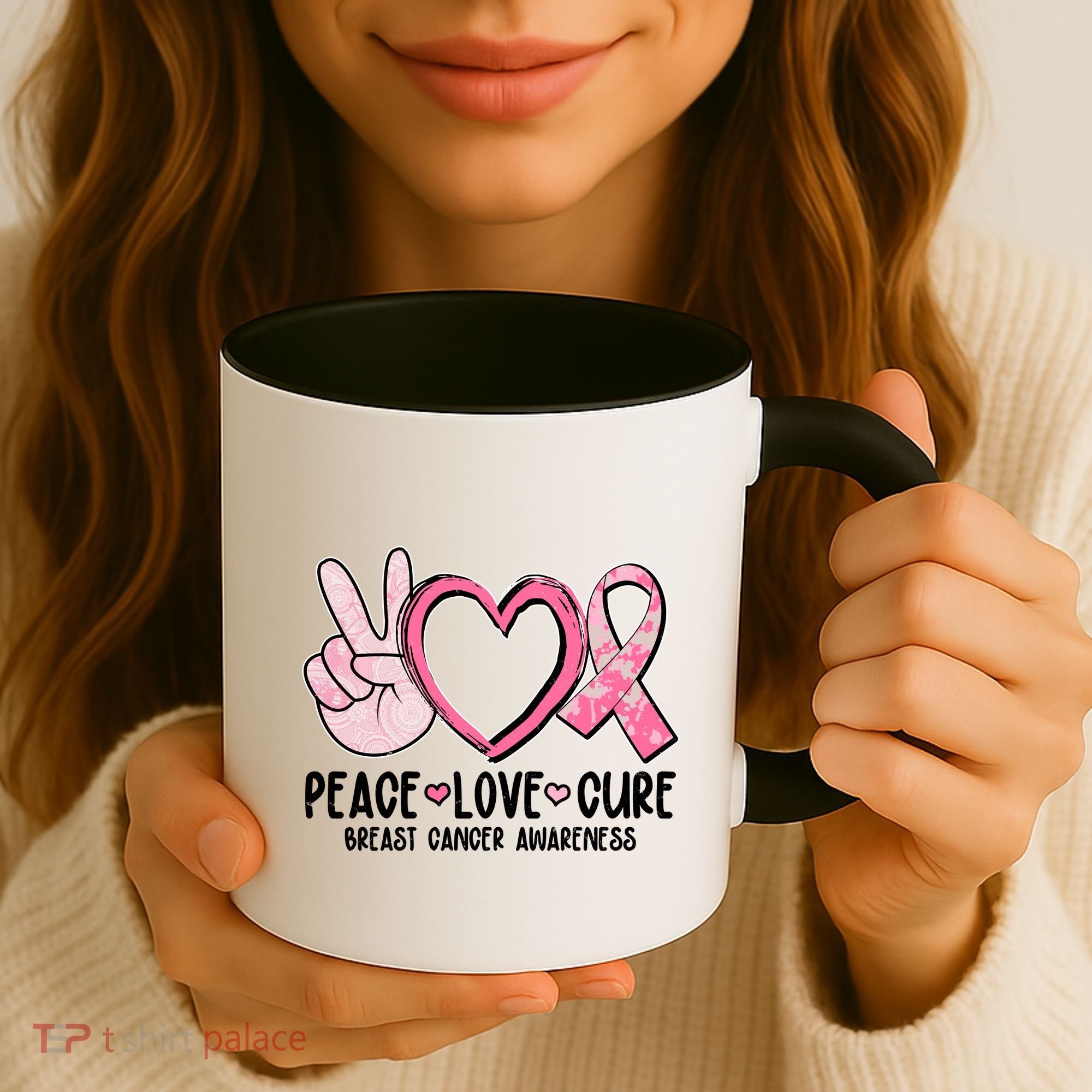 Peace Love Cure Breast Cance Awareness Coffee Mug