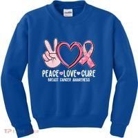 Peace Love Cure Breast Cance Awareness Kids Sweatshirt thumb 0