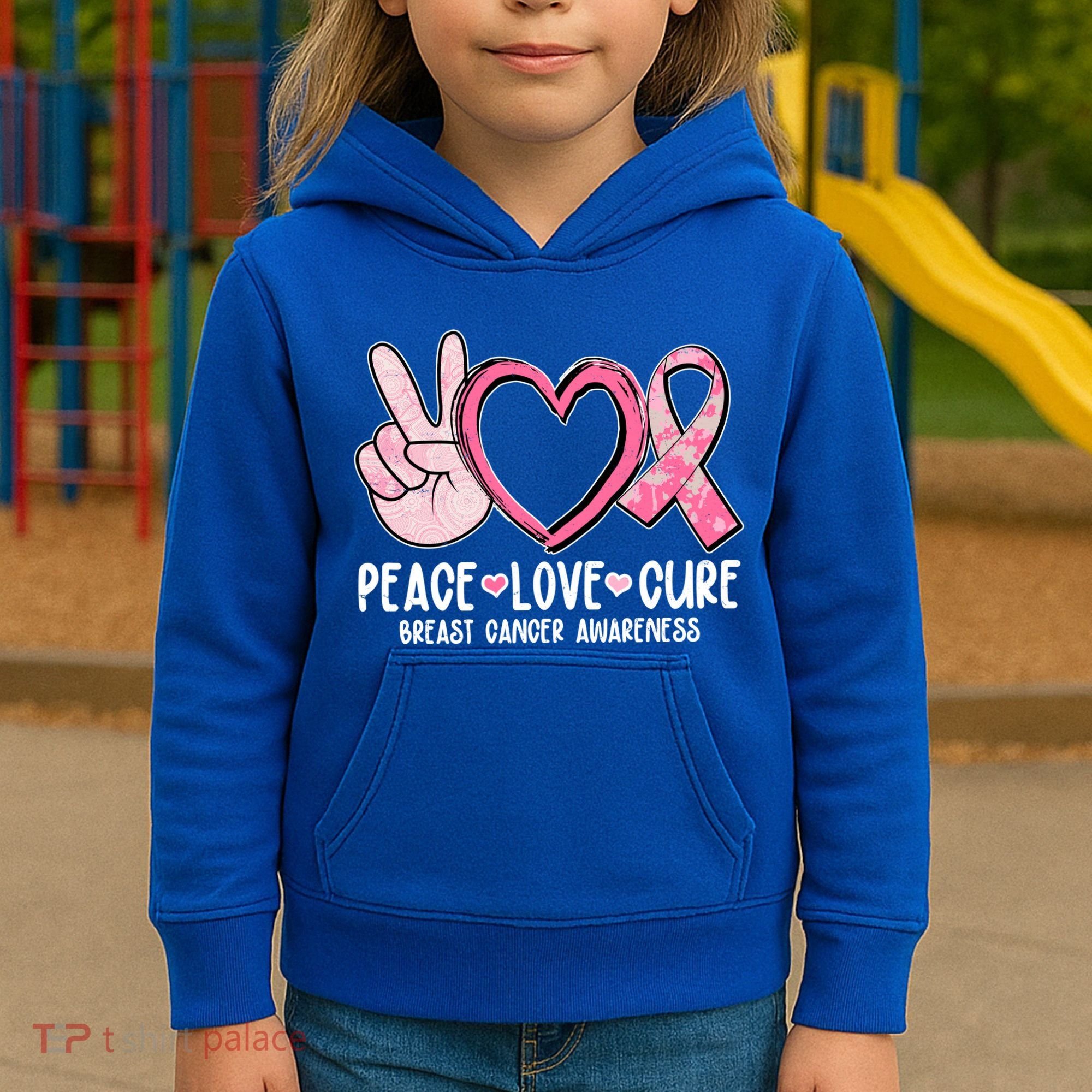 Peace Love Cure Breast Cance Awareness Kids Hoodie