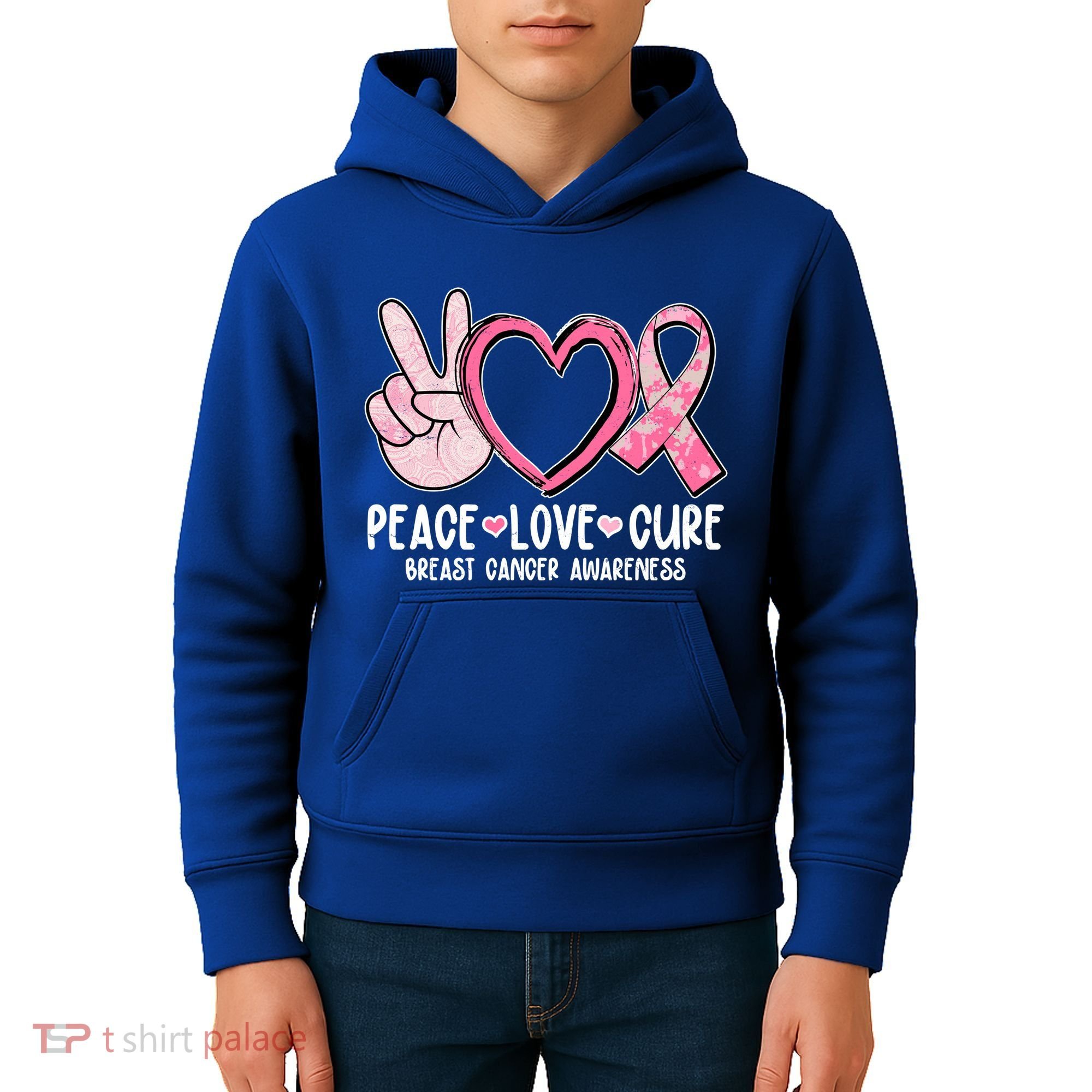 Peace Love Cure Breast Cance Awareness Kids Hoodie