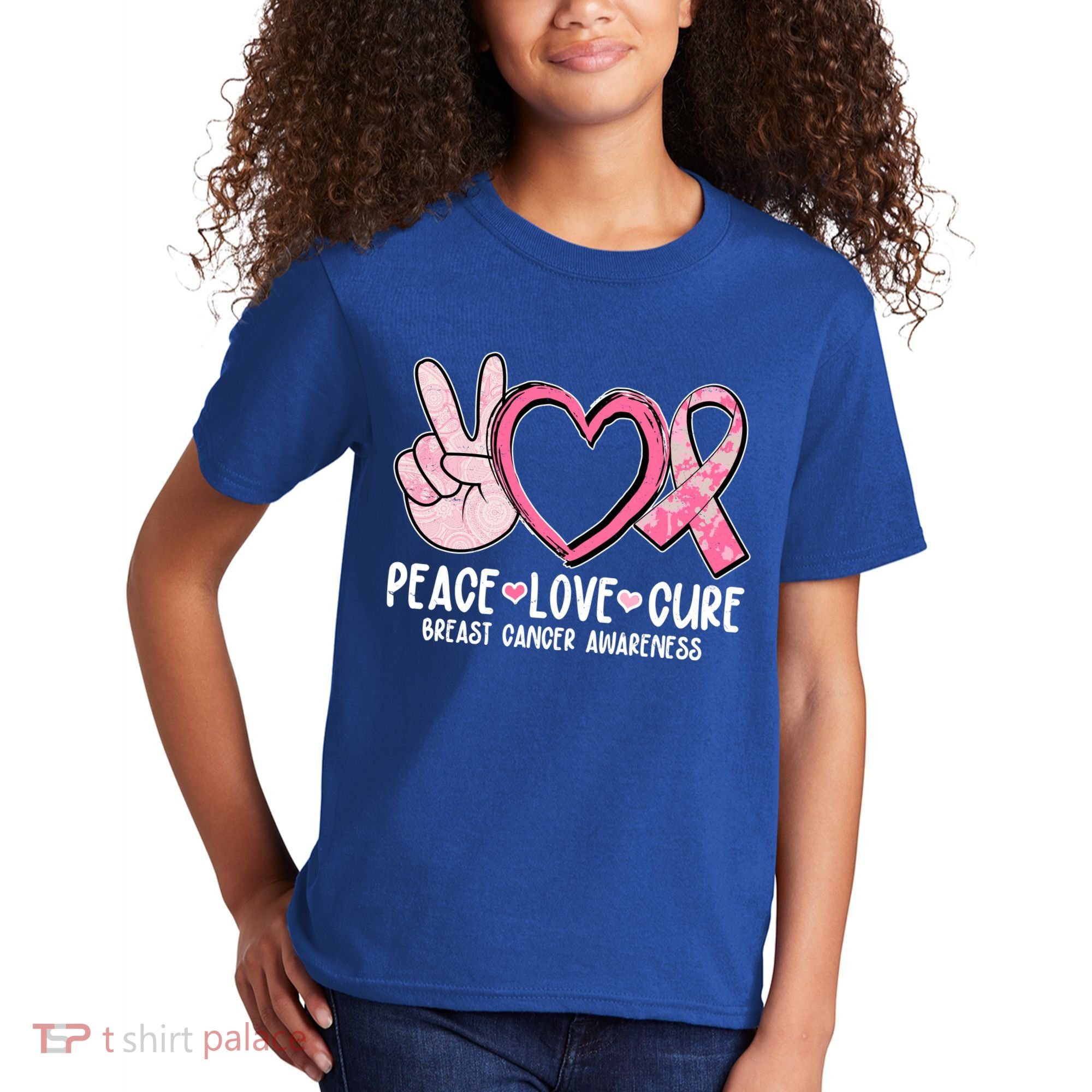 Peace Love Cure Breast Cance Awareness Kids T-Shirt
