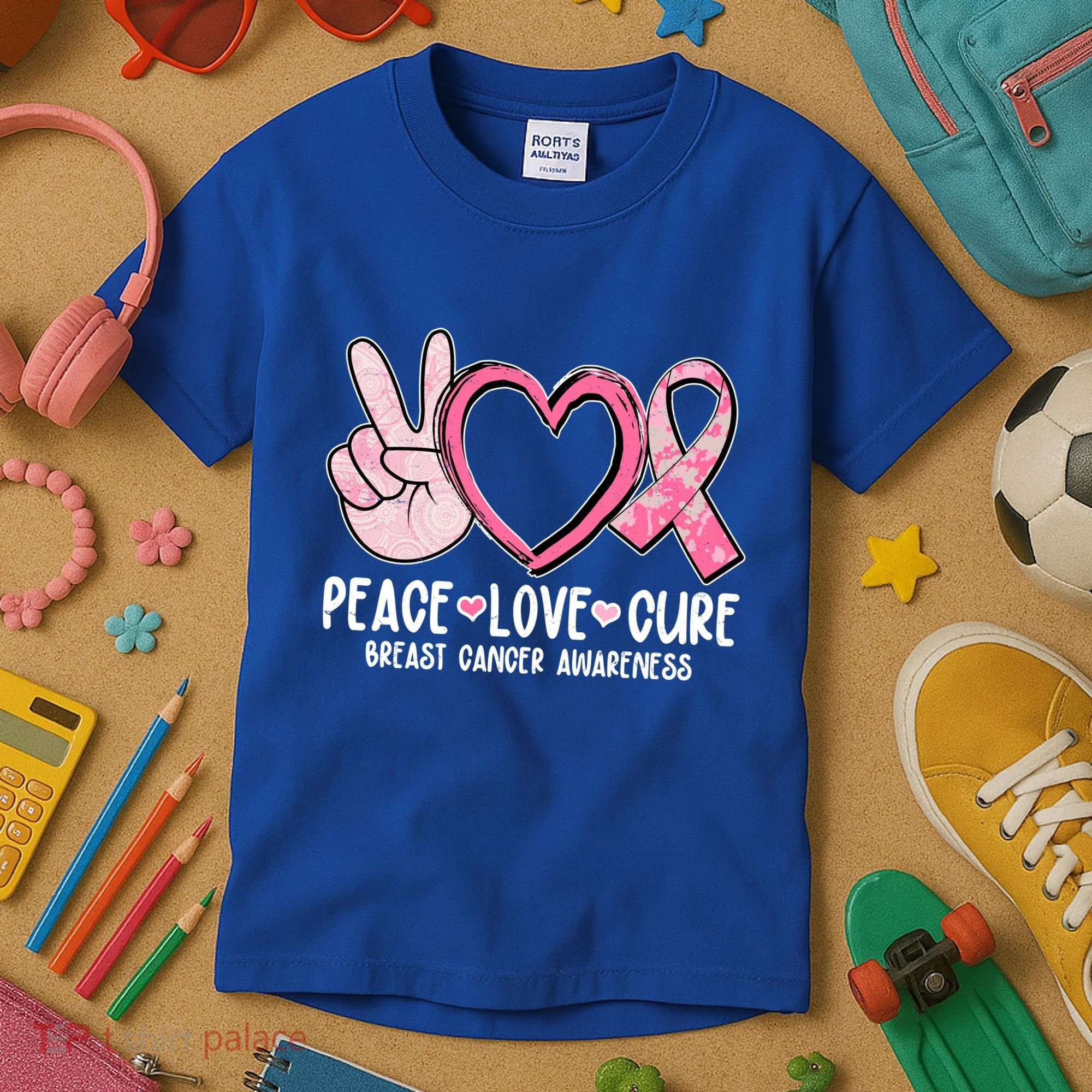 Peace Love Cure Breast Cance Awareness Kids T-Shirt