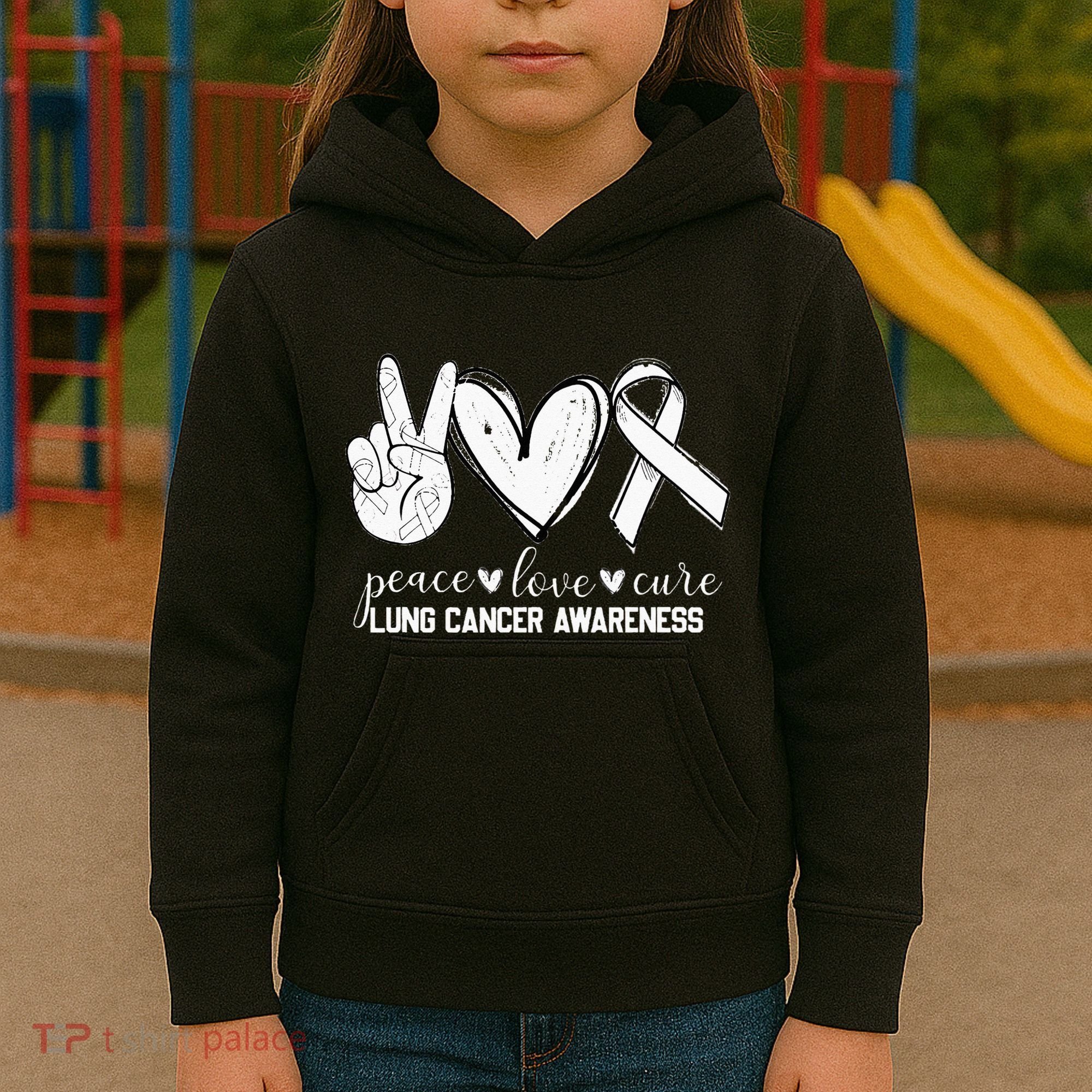 Peace Love Cure Lung Cancer Awareness Kids Hoodie