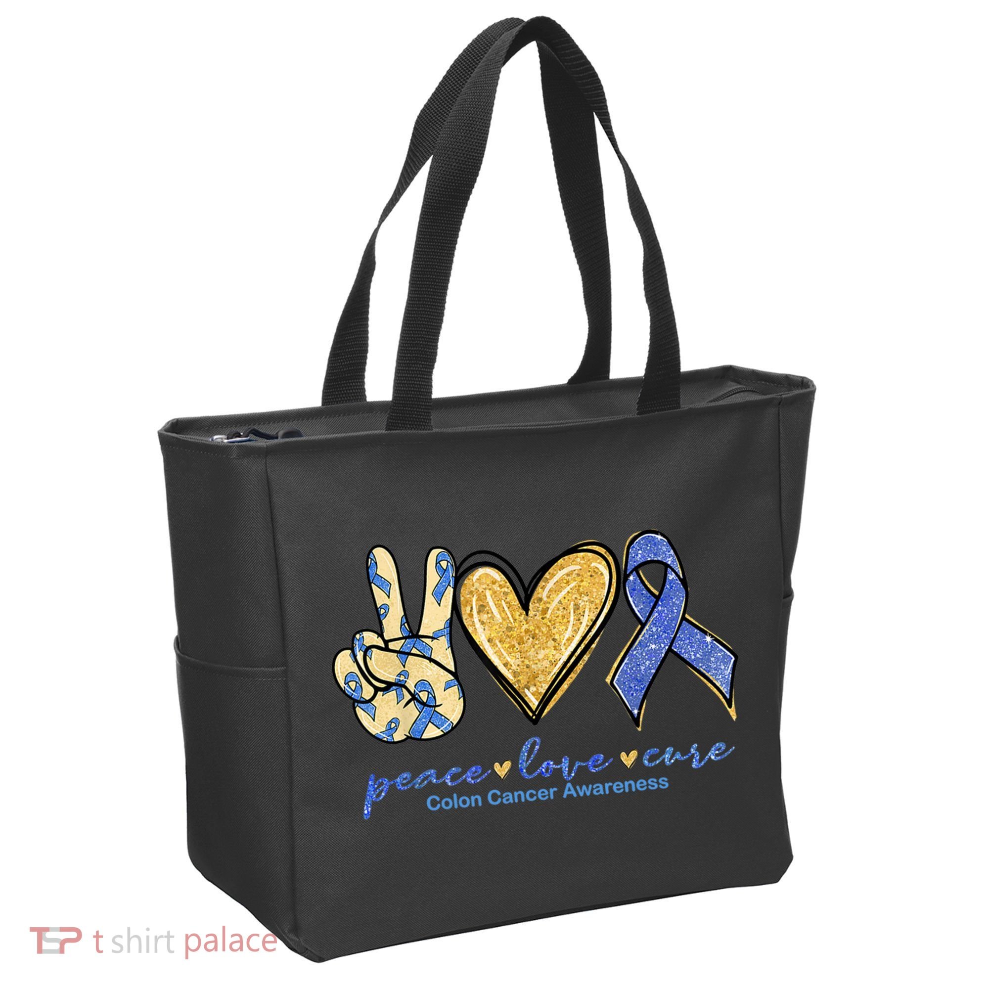 Peace Love Cures Ribbon Colon Cancer Awareness Supporter Tote Bag