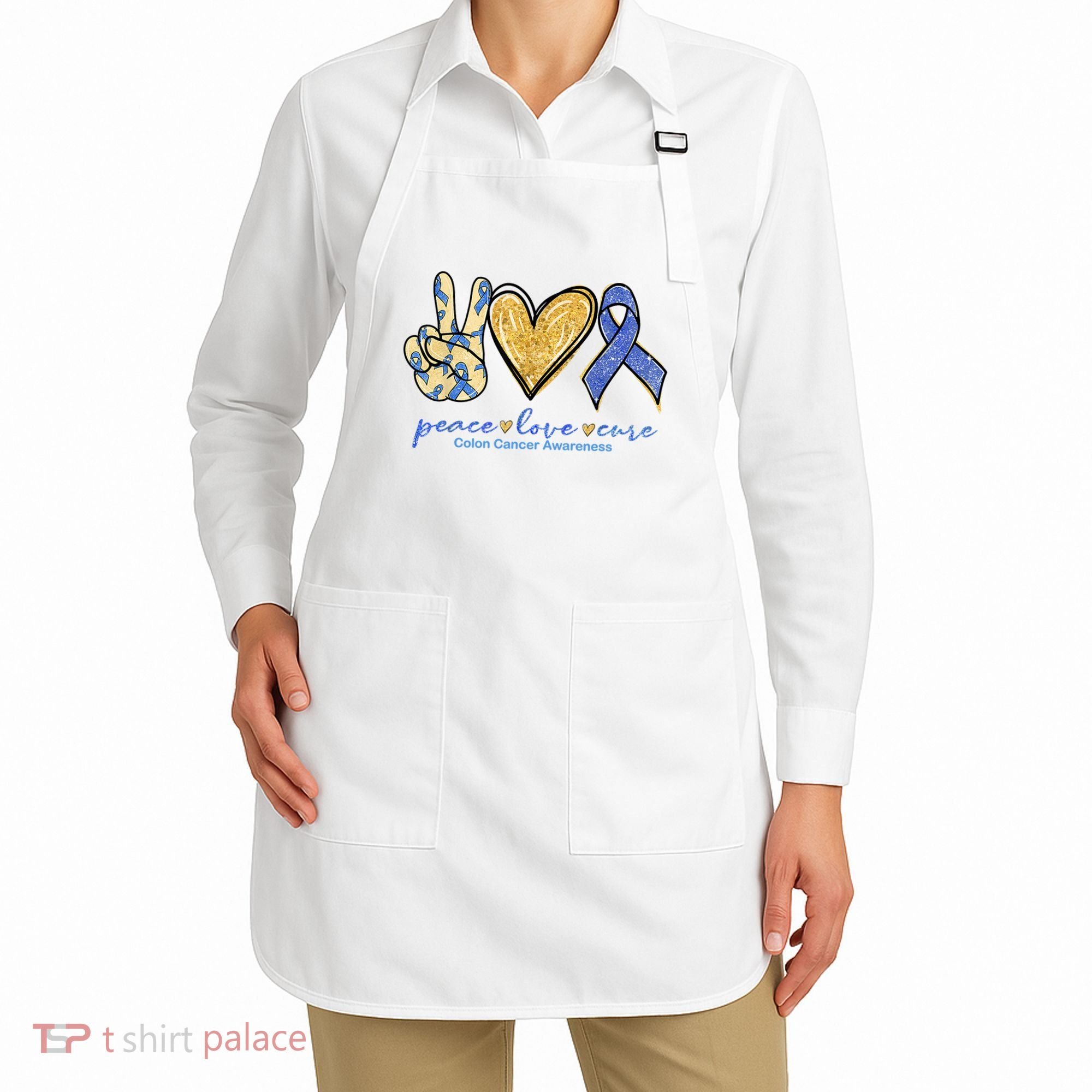 Peace Love Cures Ribbon Colon Cancer Awareness Supporter Apron