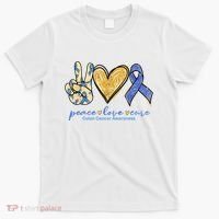 Peace Love Cures Ribbon Colon Cancer Awareness Supporter T-Shirt thumb 0