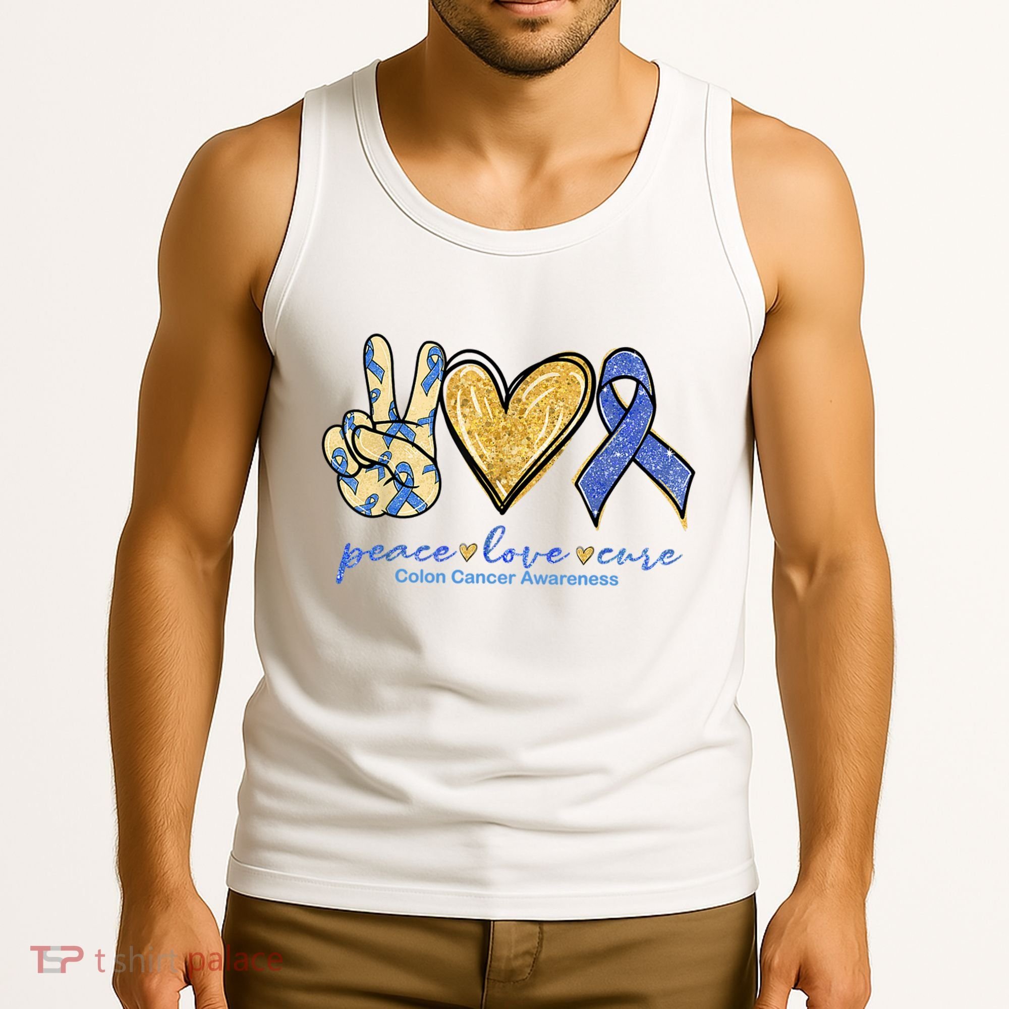 Peace Love Cures Ribbon Colon Cancer Awareness Supporter Tank Top