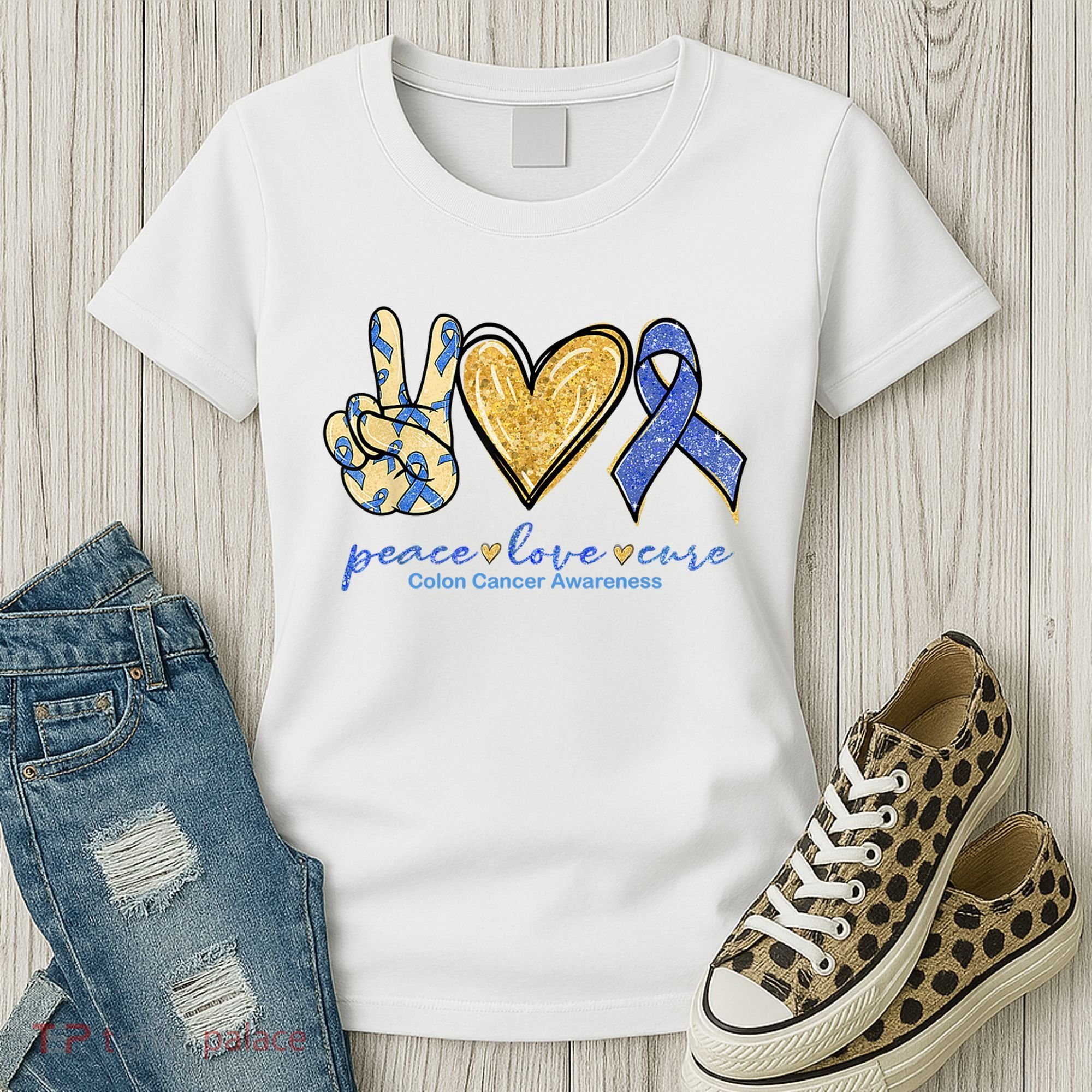 Peace Love Cures Ribbon Colon Cancer Awareness Supporter Women's T-Shirt