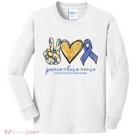 Peace Love Cures Ribbon Colon Cancer Awareness Supporter Kids Long Sleeve Shirt thumb 0