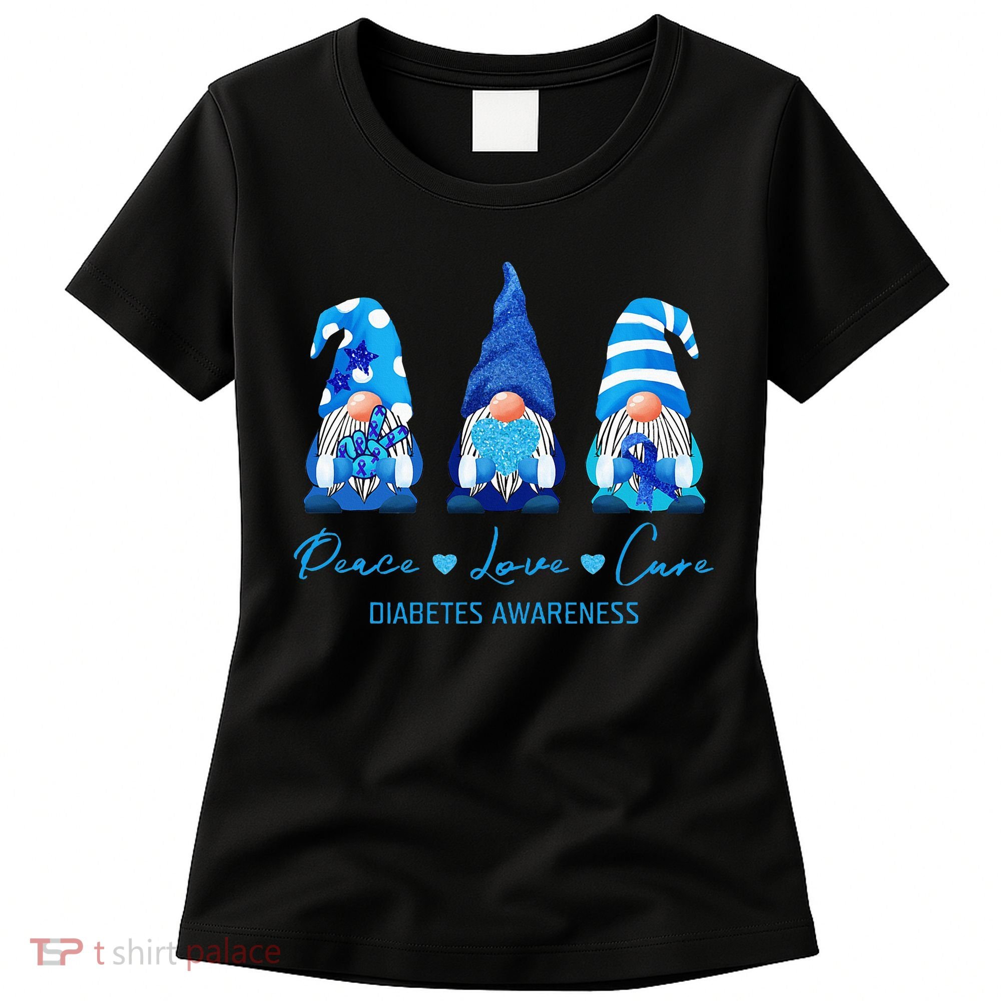 Peace Love Cure Gnome Diabetes Awareness Survivors Gifts Women's T-Shirt