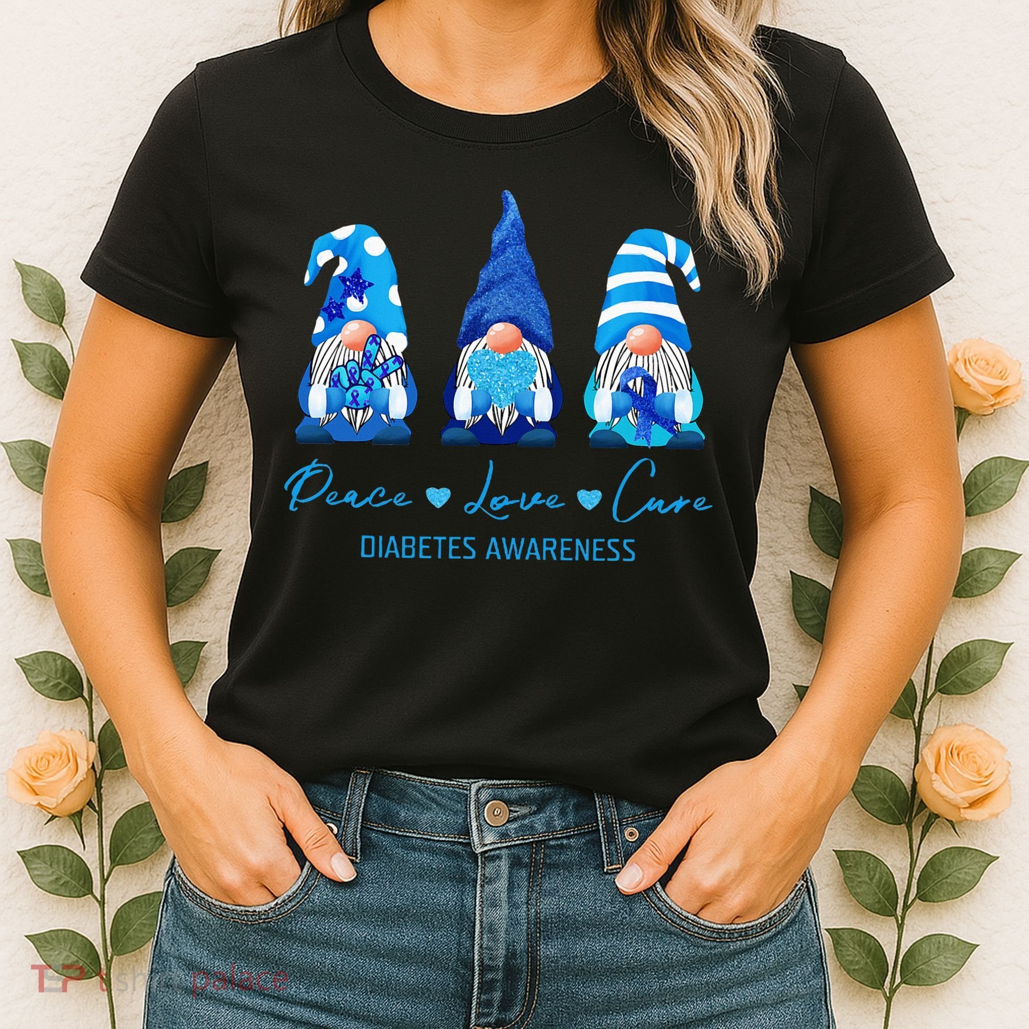 Peace Love Cure Gnome Diabetes Awareness Survivors Gifts Women's T-Shirt