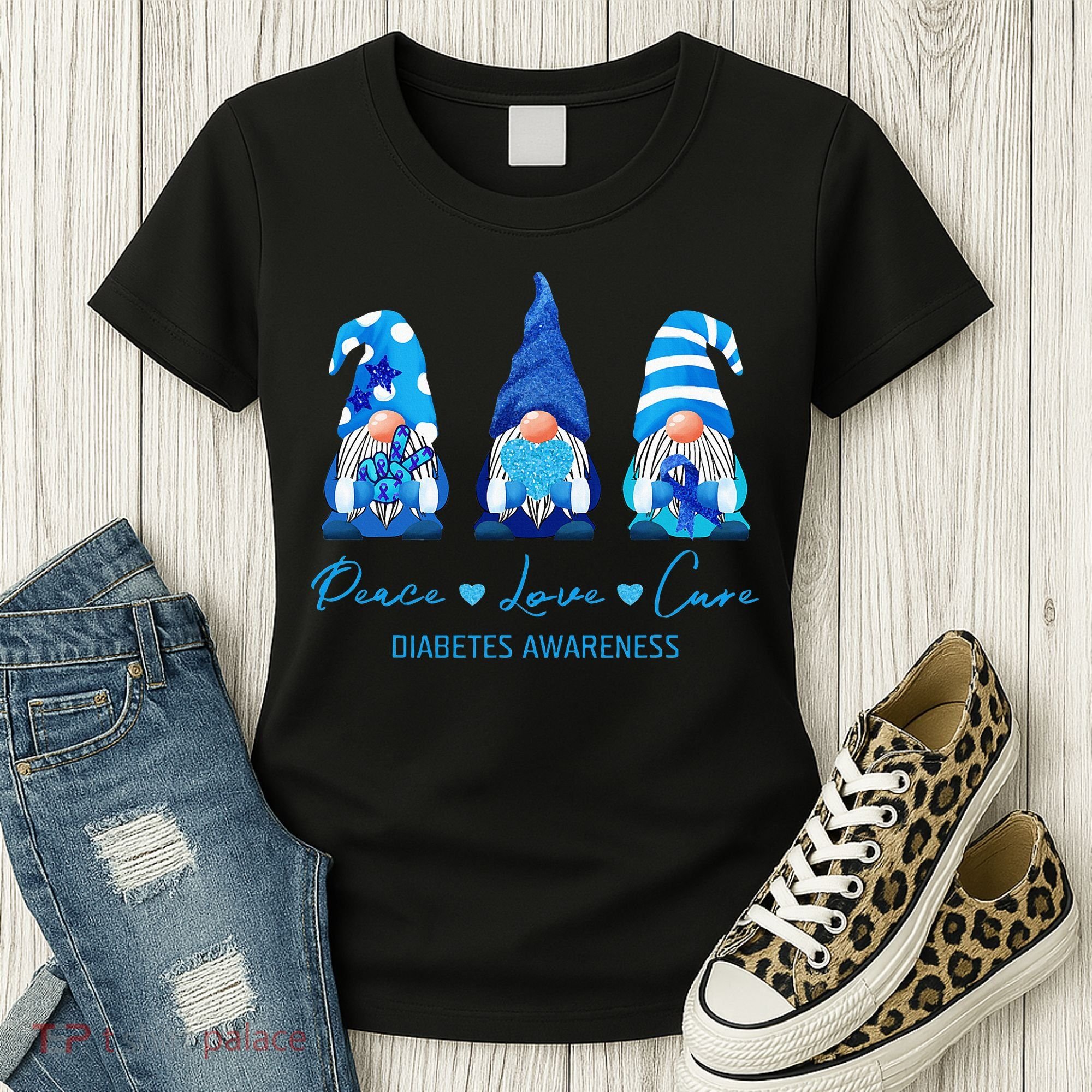 Peace Love Cure Gnome Diabetes Awareness Survivors Gifts Women's T-Shirt