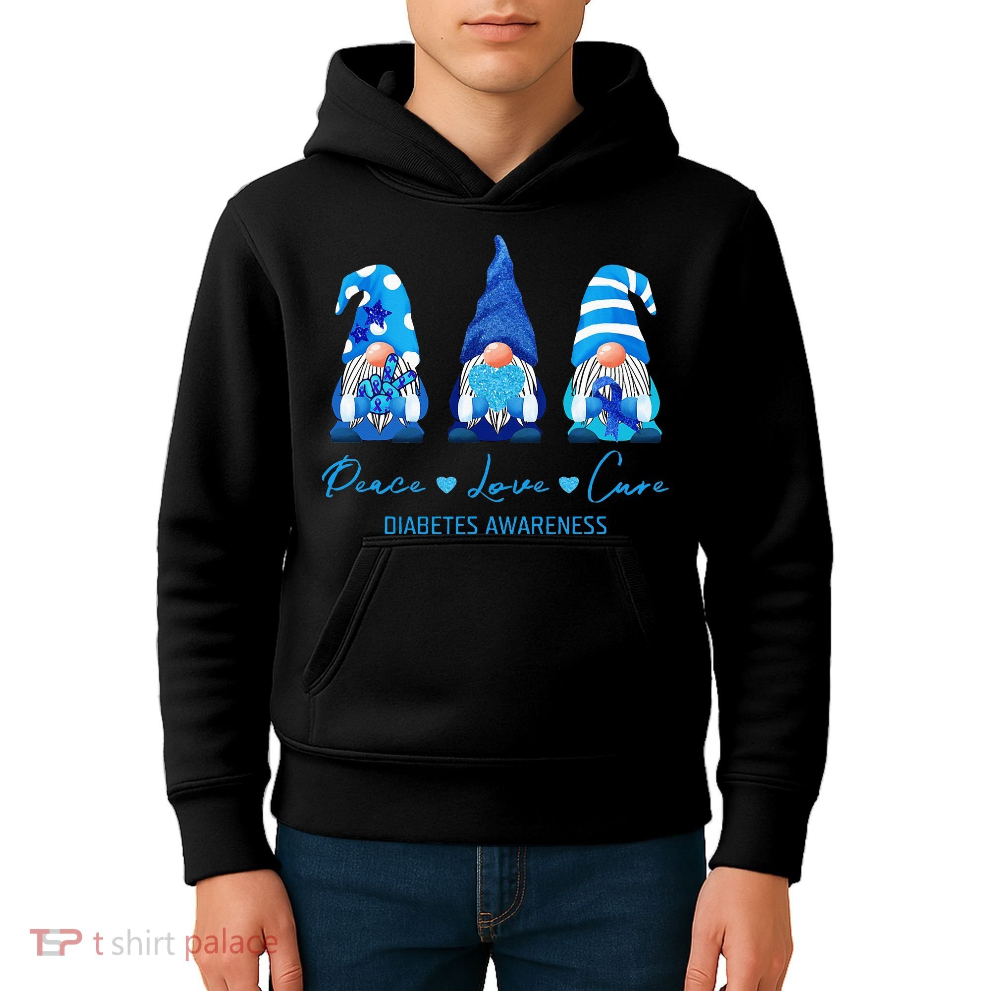Peace Love Cure Gnome Diabetes Awareness Survivors Gifts Kids Hoodie