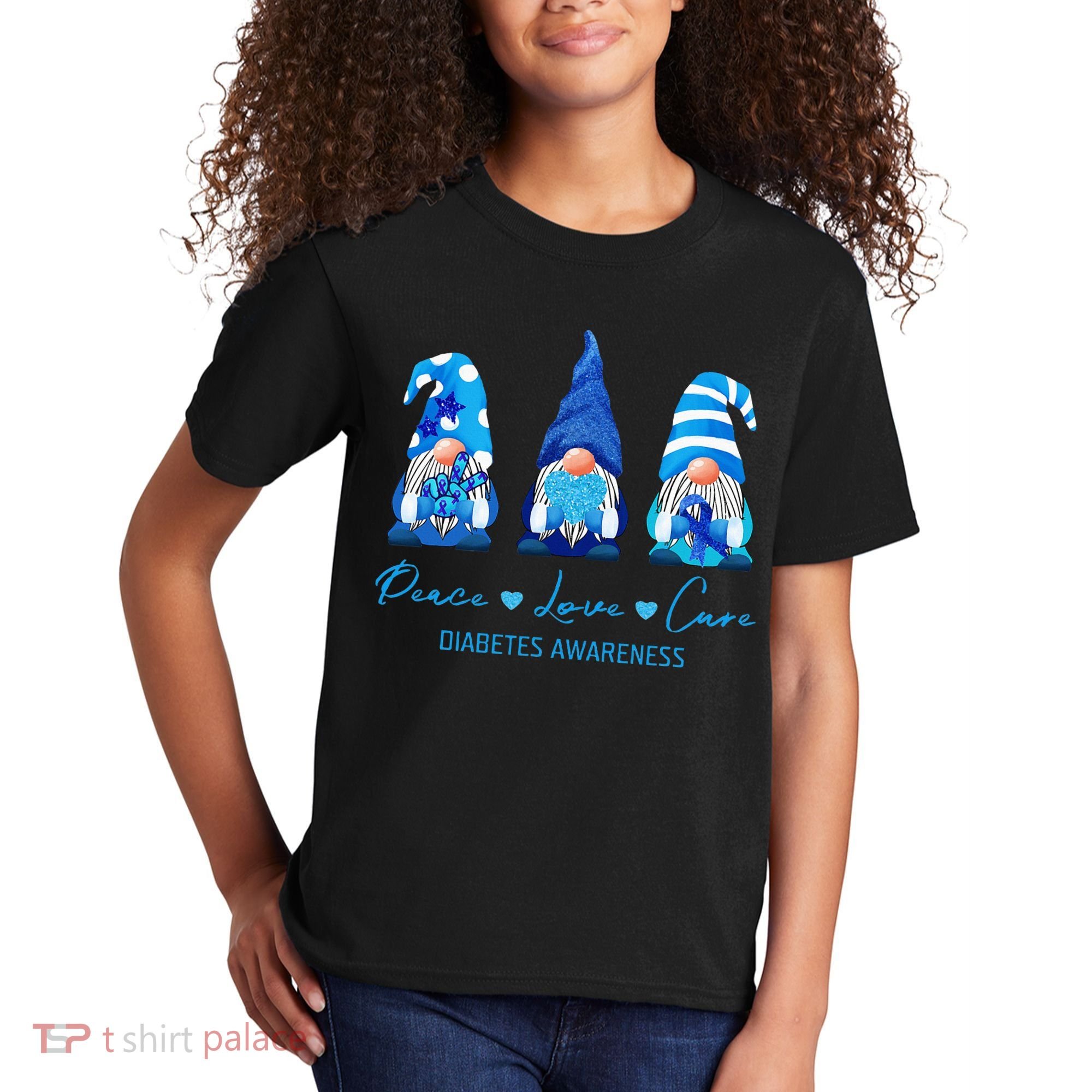 Peace Love Cure Gnome Diabetes Awareness Survivors Gifts Kids T-Shirt