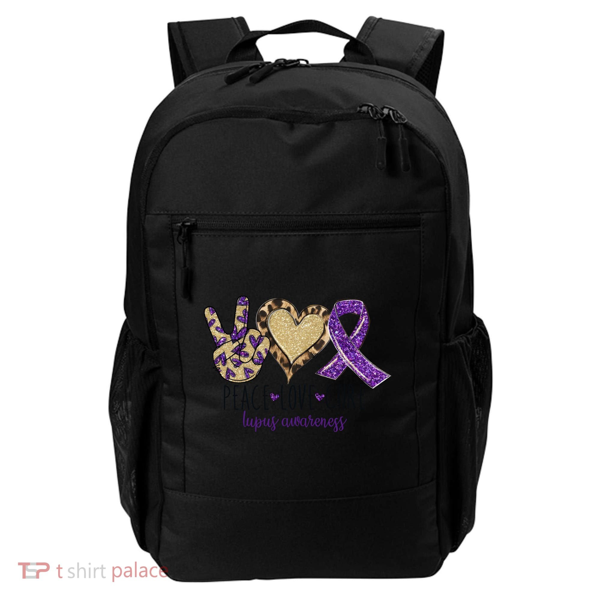 Peace Love Cure Lupus Awareness Purple Ribbon Leopard Gift Backpack