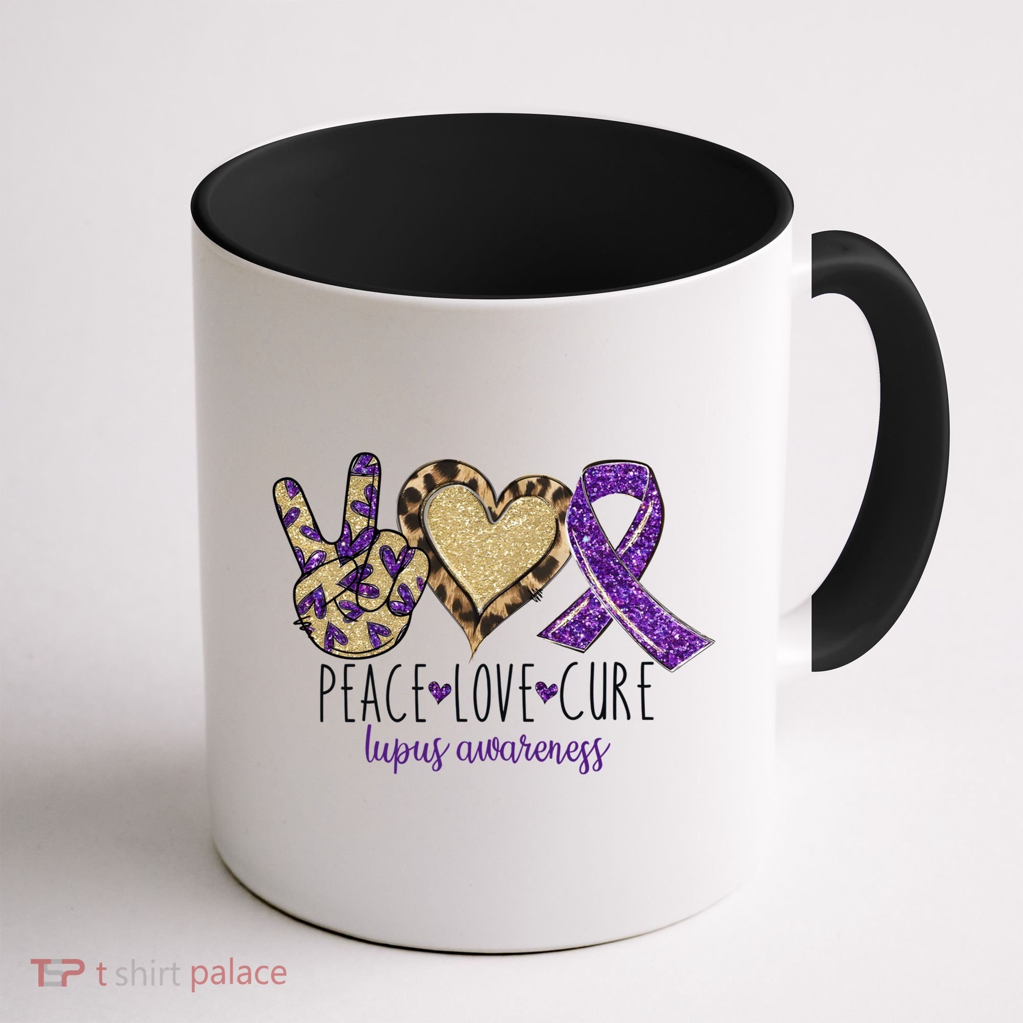 Peace Love Cure Lupus Awareness Purple Ribbon Leopard Gift Coffee Mug
