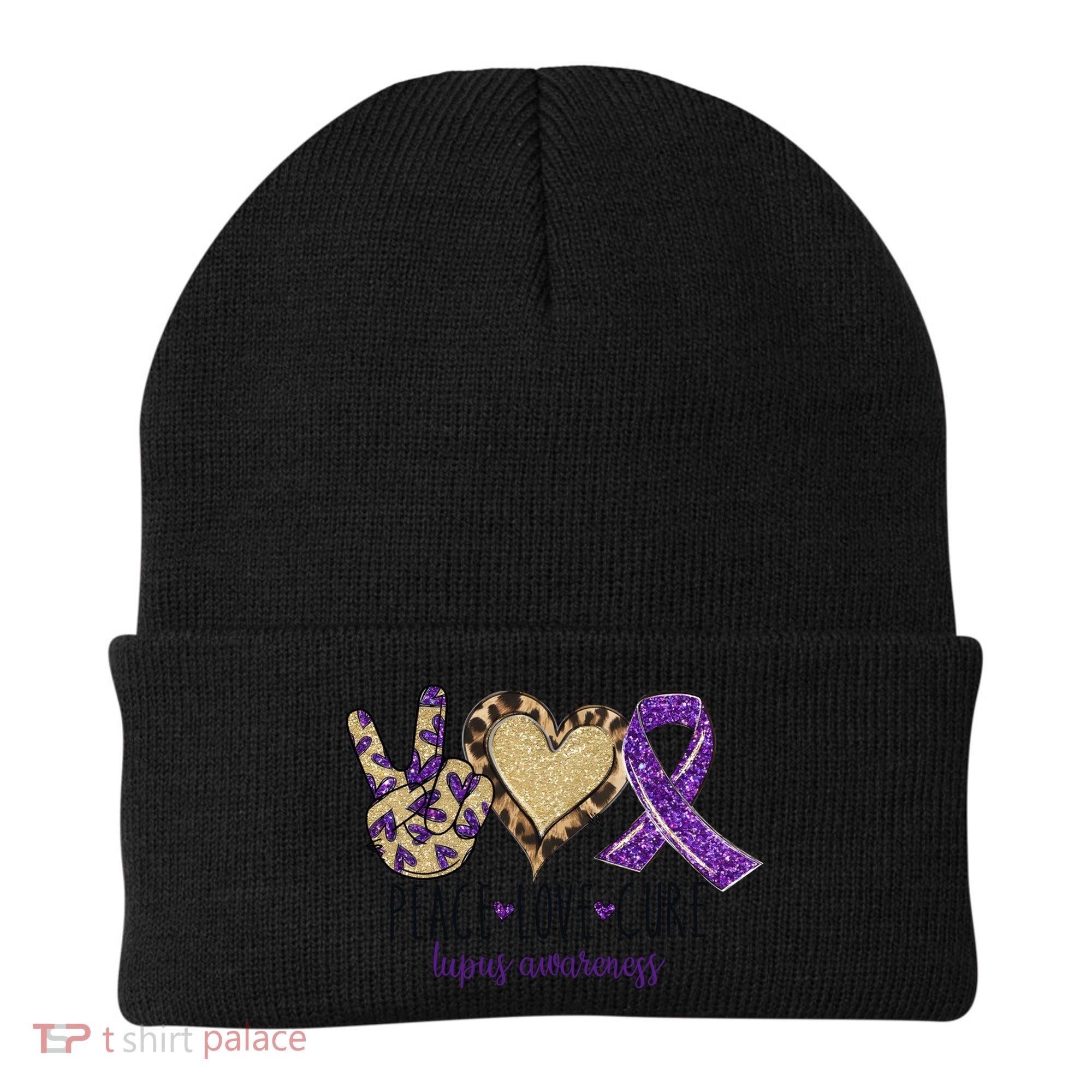 Peace Love Cure Lupus Awareness Purple Ribbon Leopard Gift Beanie