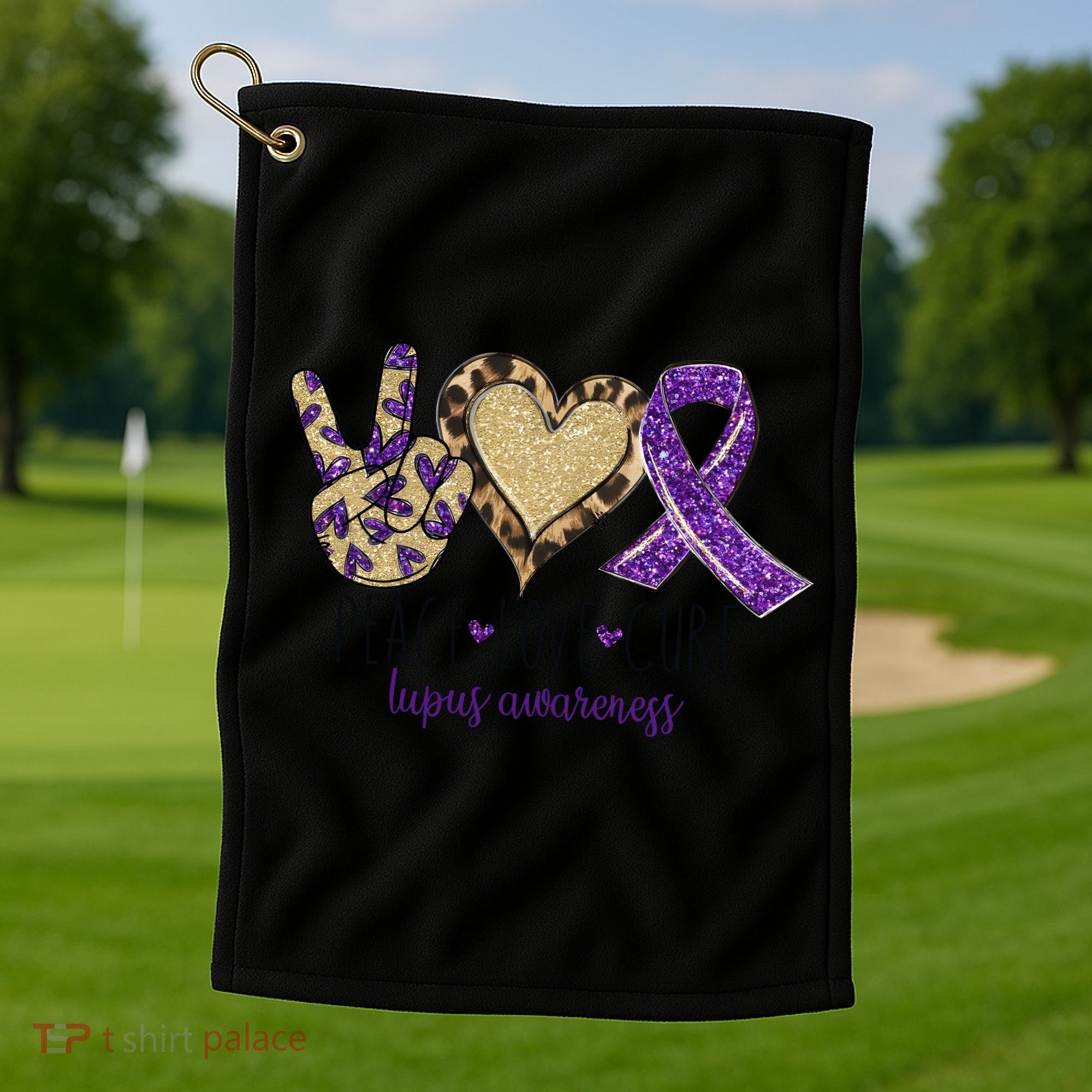 Peace Love Cure Lupus Awareness Purple Ribbon Leopard Gift Golf Towel