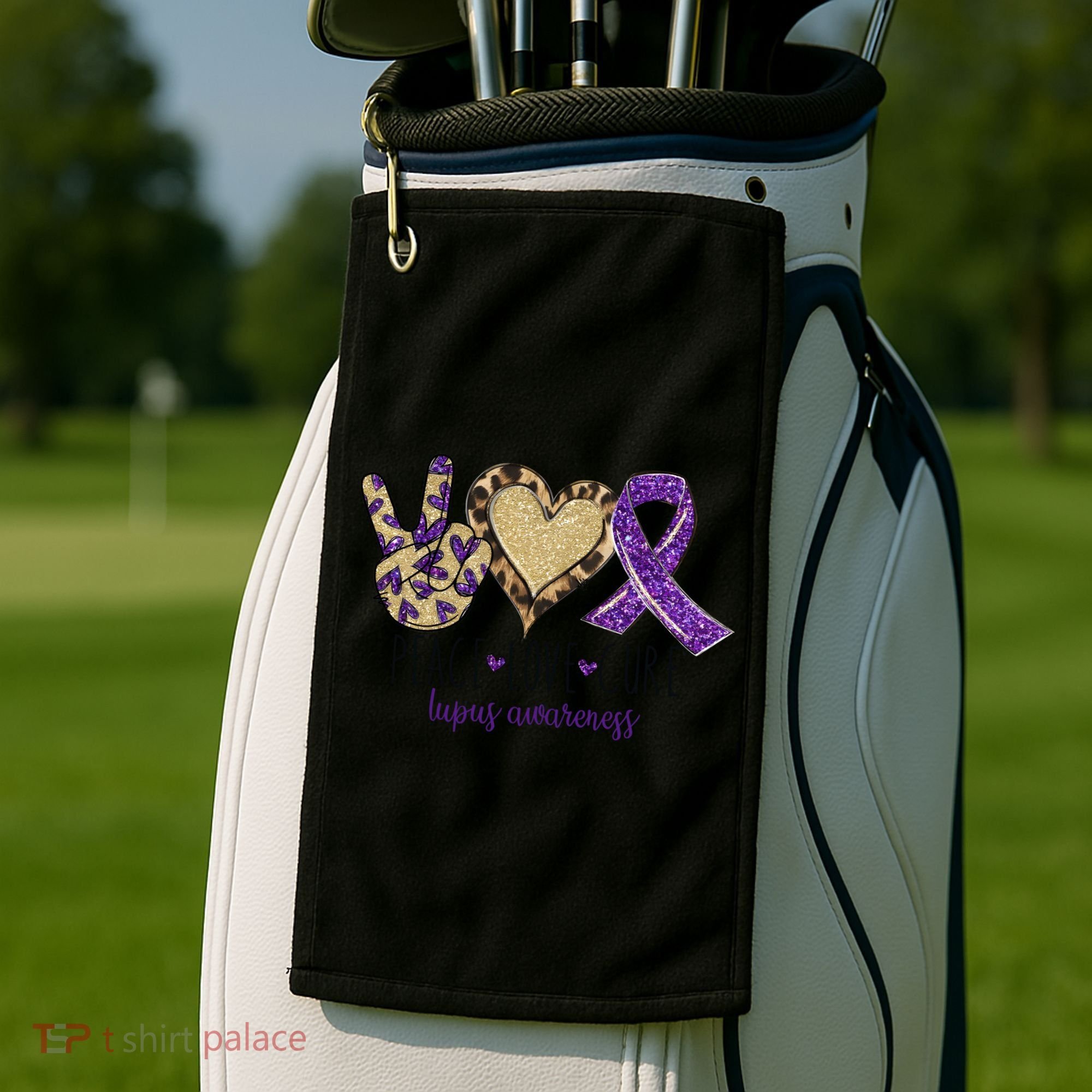 Peace Love Cure Lupus Awareness Purple Ribbon Leopard Gift Golf Towel