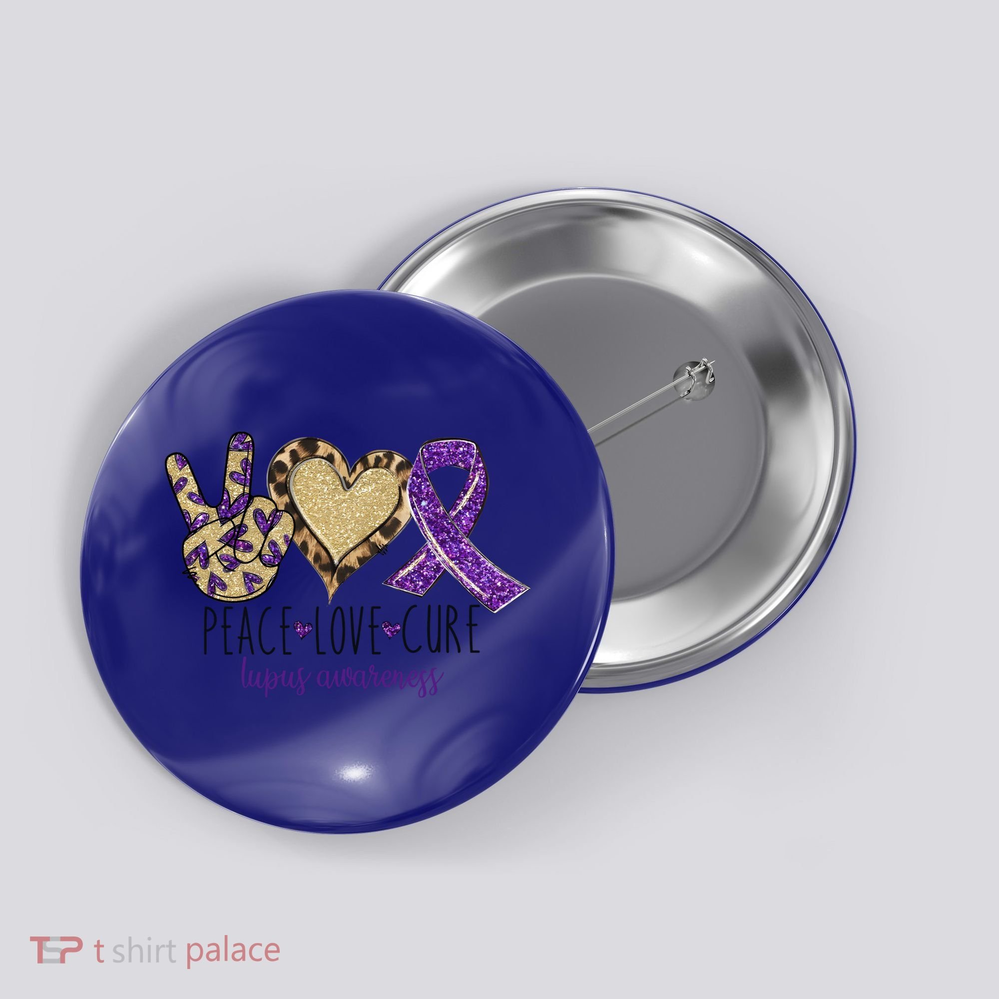 Peace Love Cure Lupus Awareness Purple Ribbon Leopard Gift Button
