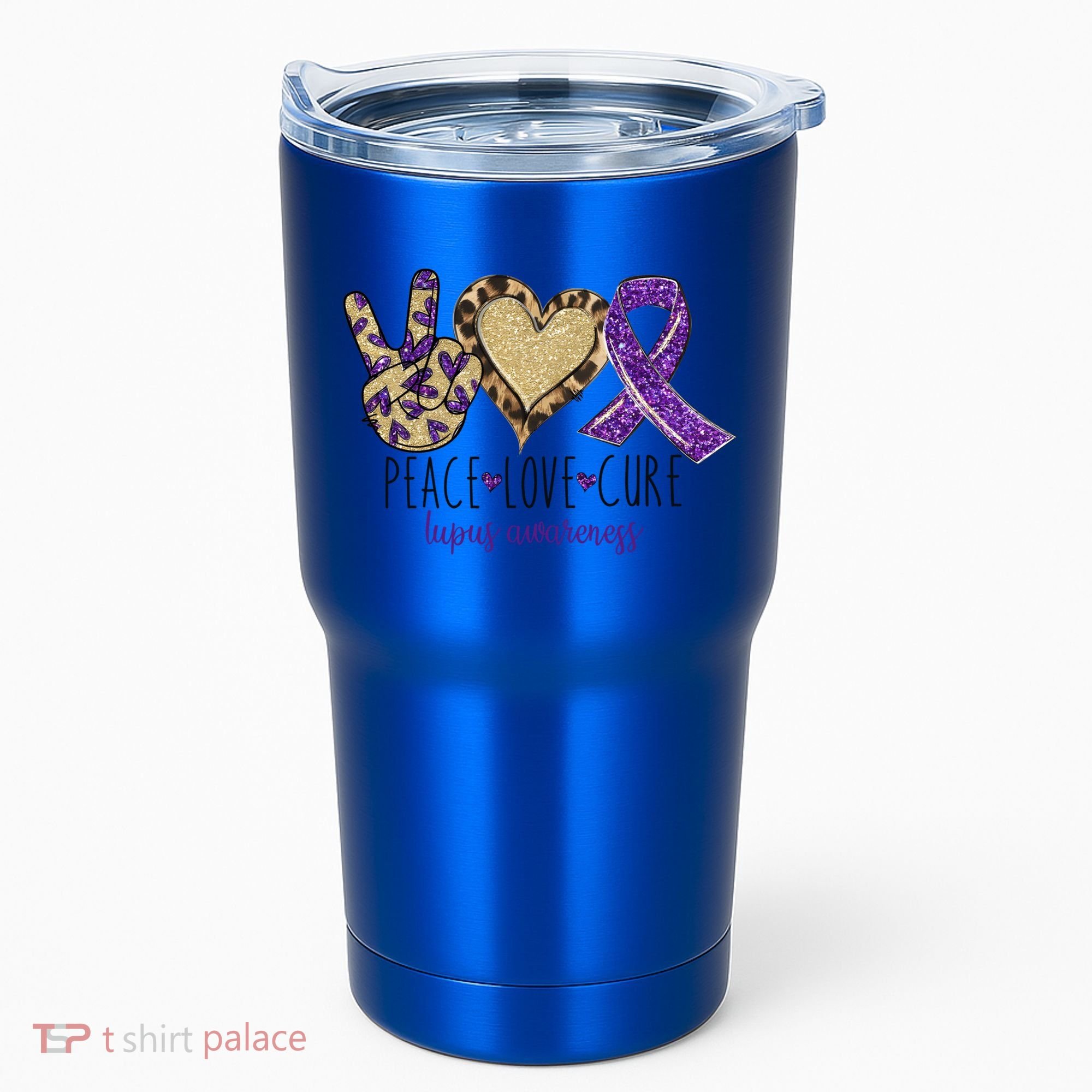 Peace Love Cure Lupus Awareness Purple Ribbon Leopard Gift Tumbler