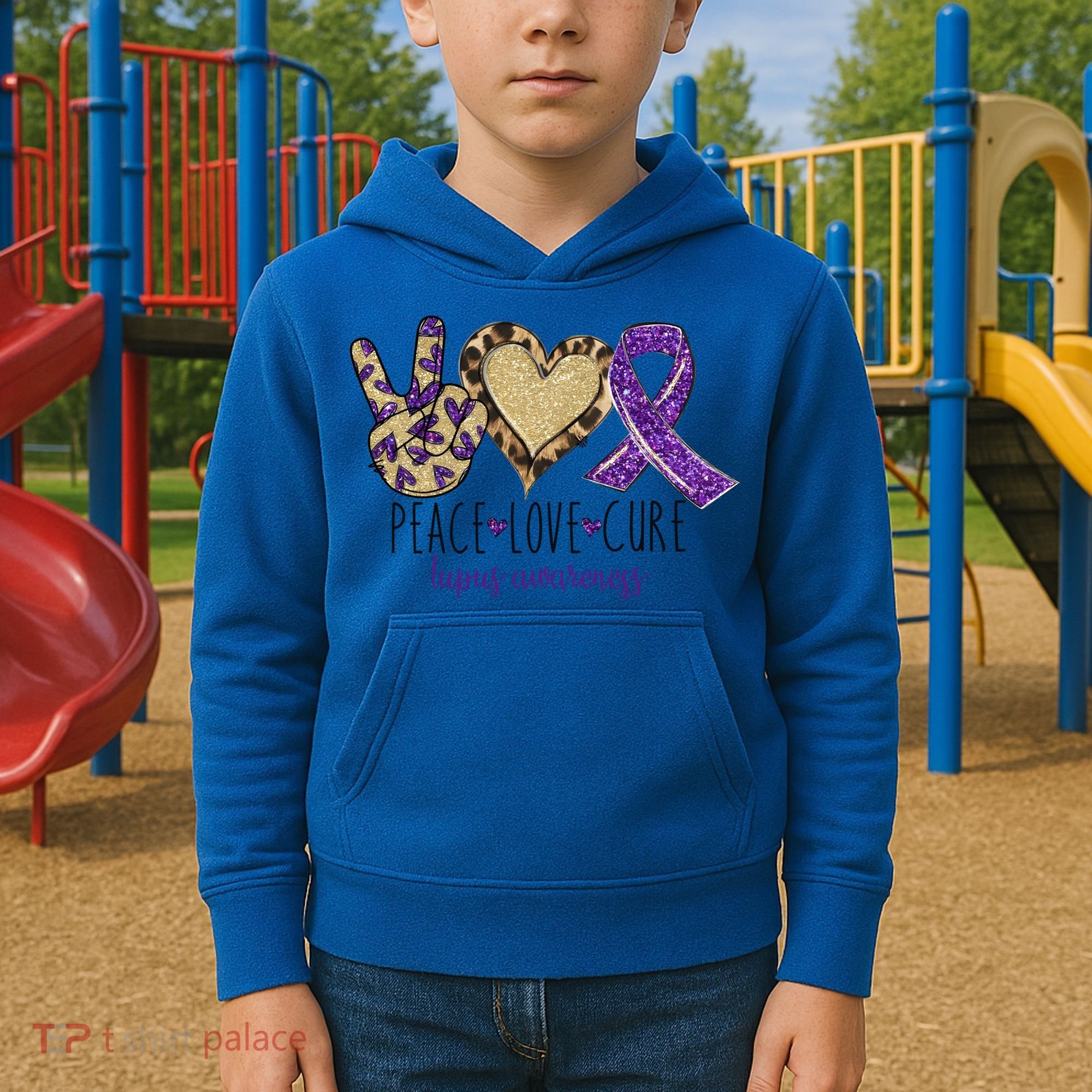 Peace Love Cure Lupus Awareness Purple Ribbon Leopard Gift Kids Hoodie