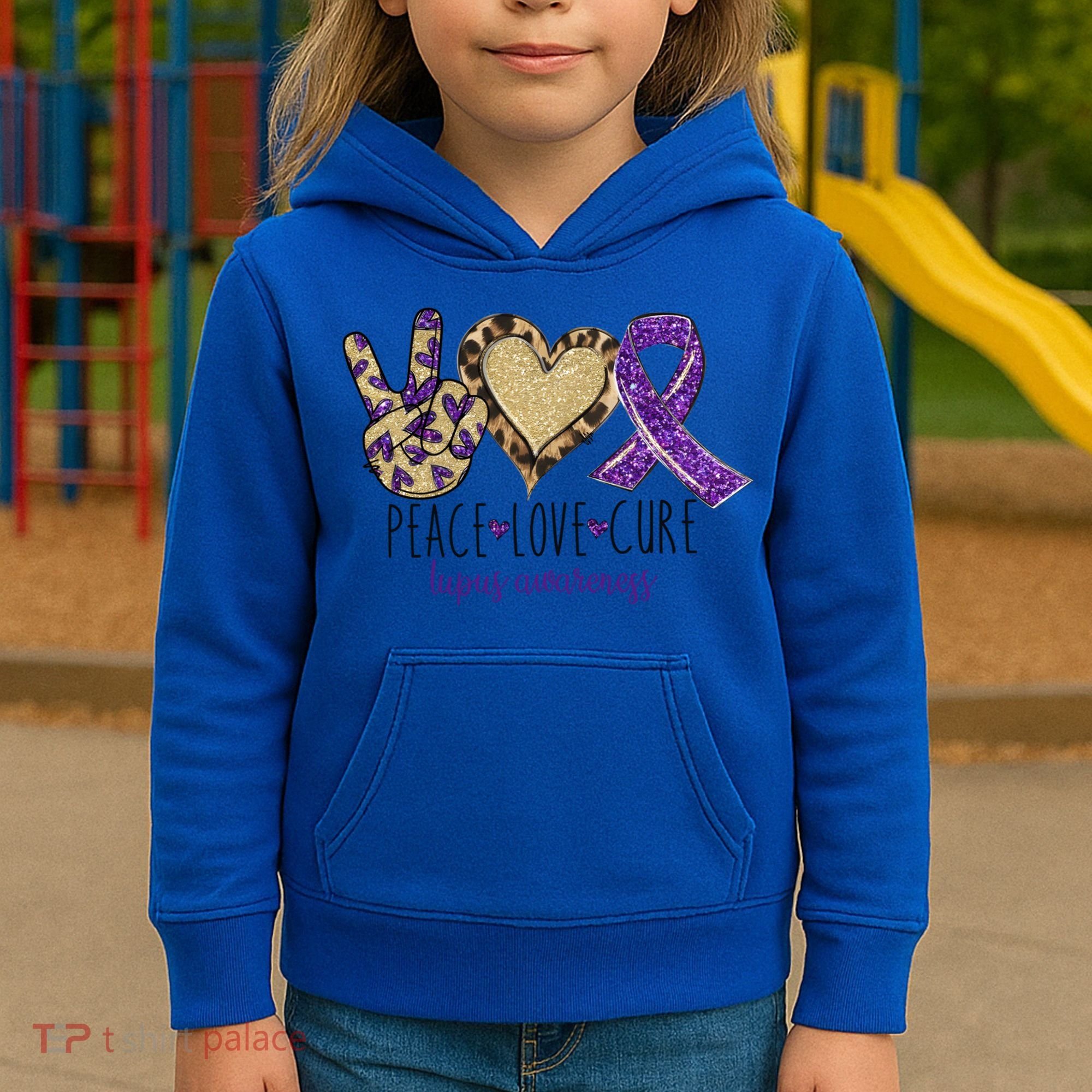Peace Love Cure Lupus Awareness Purple Ribbon Leopard Gift Kids Hoodie