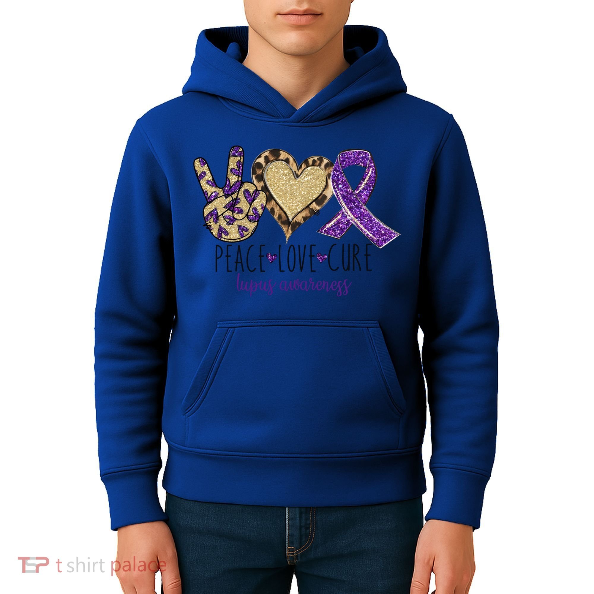 Peace Love Cure Lupus Awareness Purple Ribbon Leopard Gift Kids Hoodie