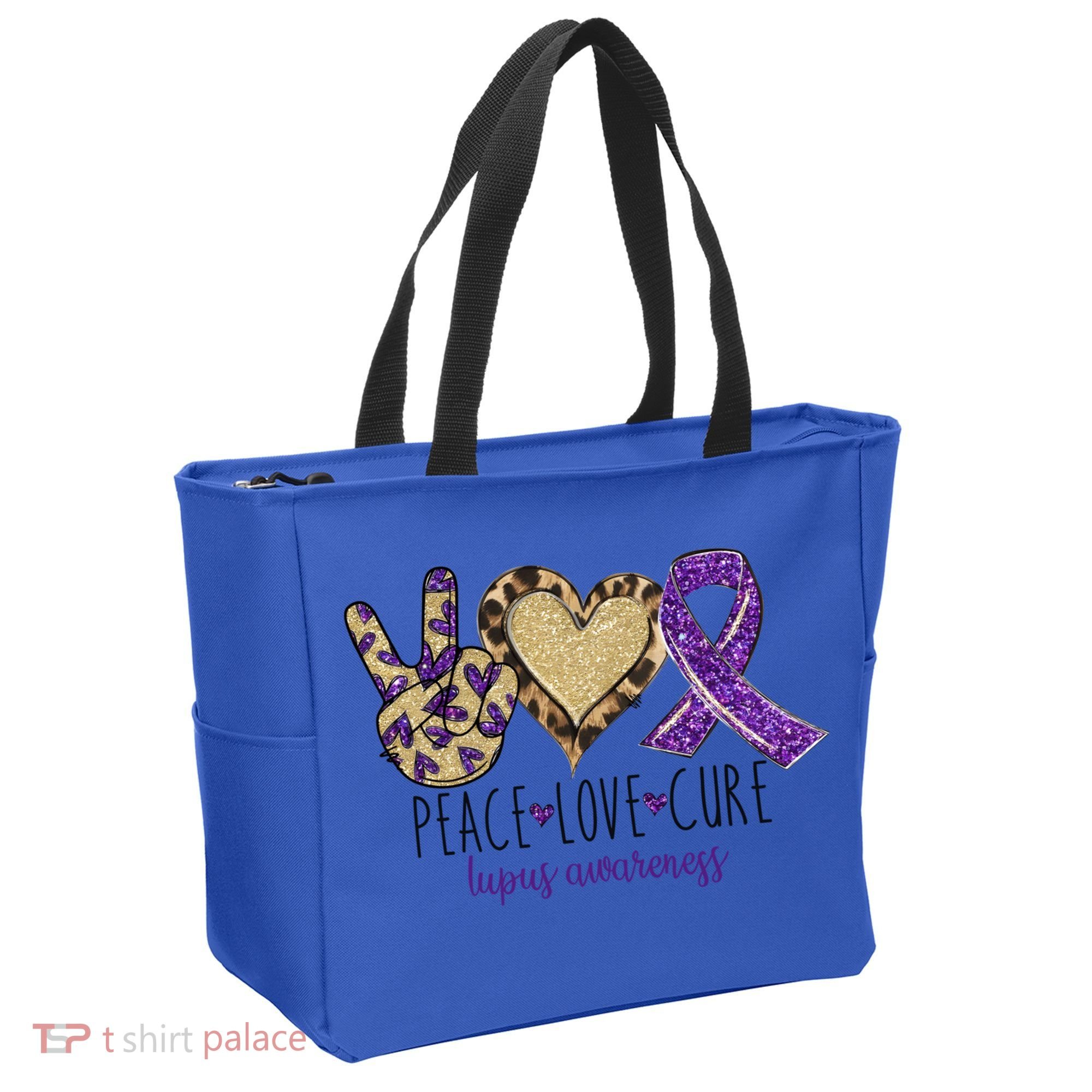Peace Love Cure Lupus Awareness Purple Ribbon Leopard Gift Tote Bag