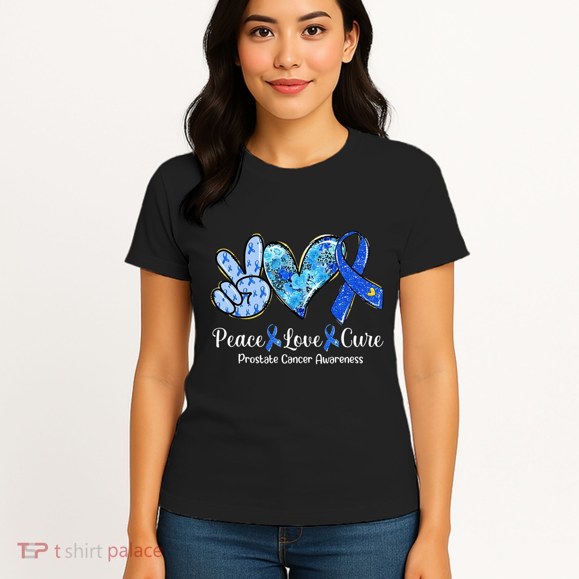 Peace Love Cure Blue Ribbon Prostate Cancer Awareness S Women's T-Shirt