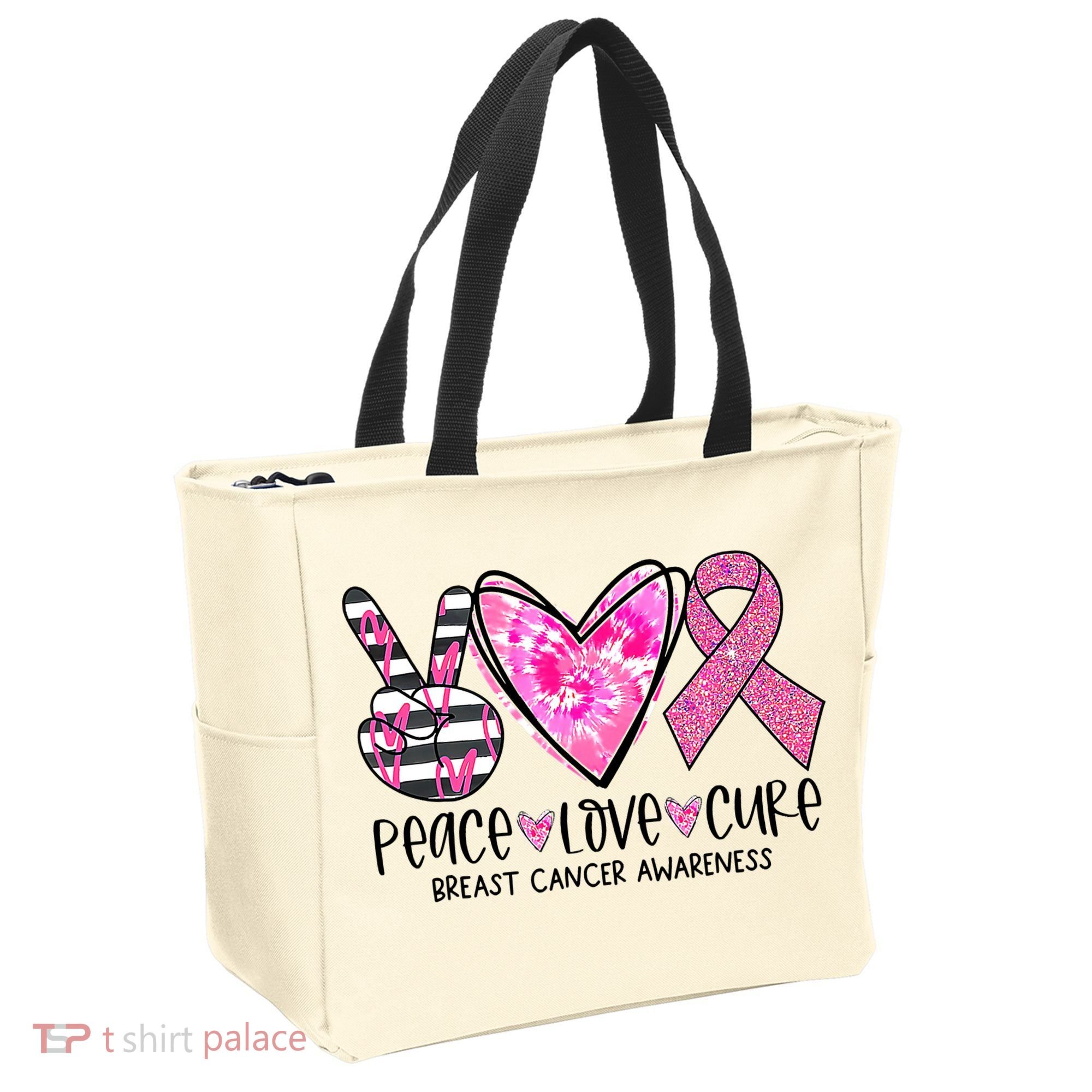 Peace Love Cure Breast Cancer Awareness Pink Ribbon Tie Dye Tote Bag