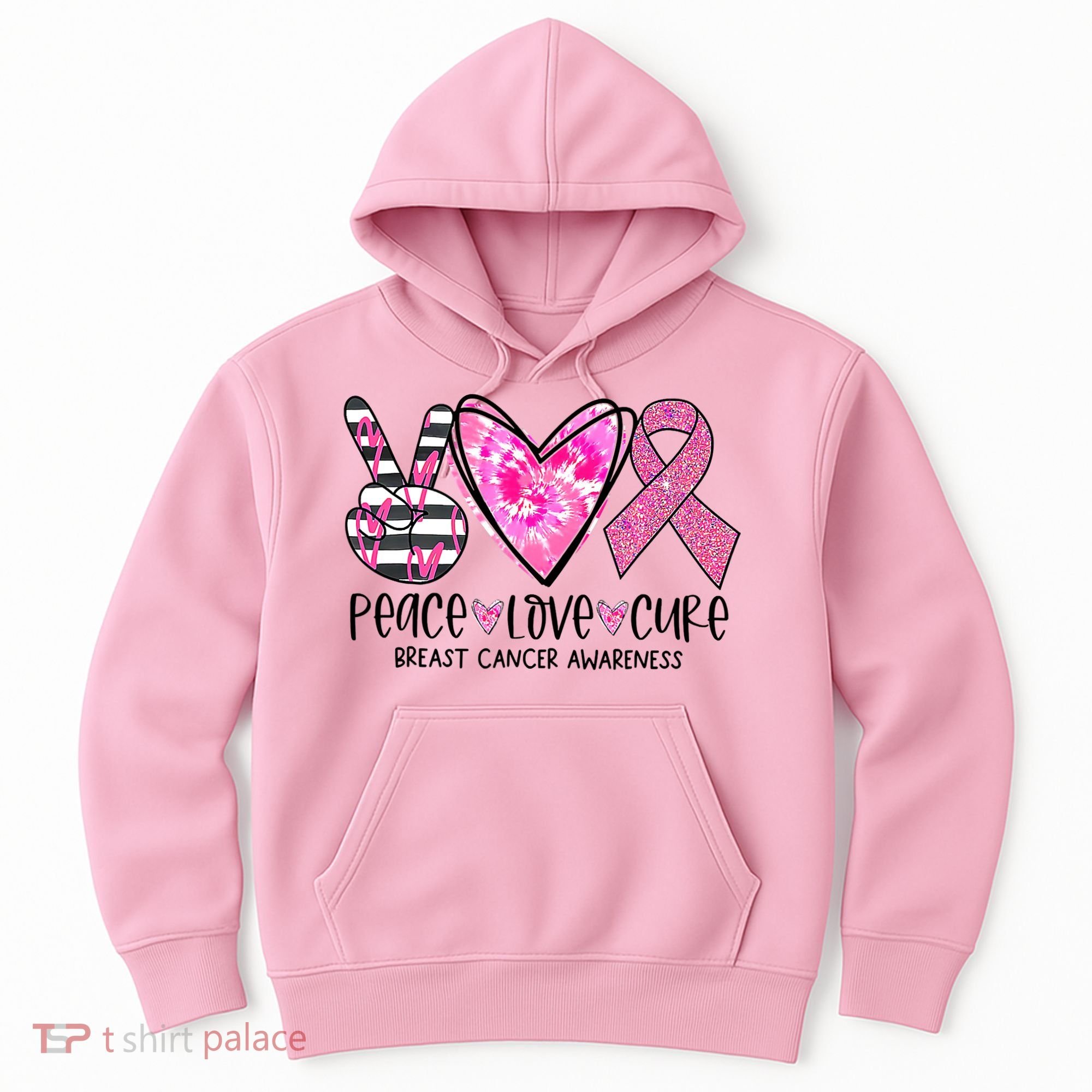 Peace Love Cure Breast Cancer Awareness Pink Ribbon Tie Dye Hoodie