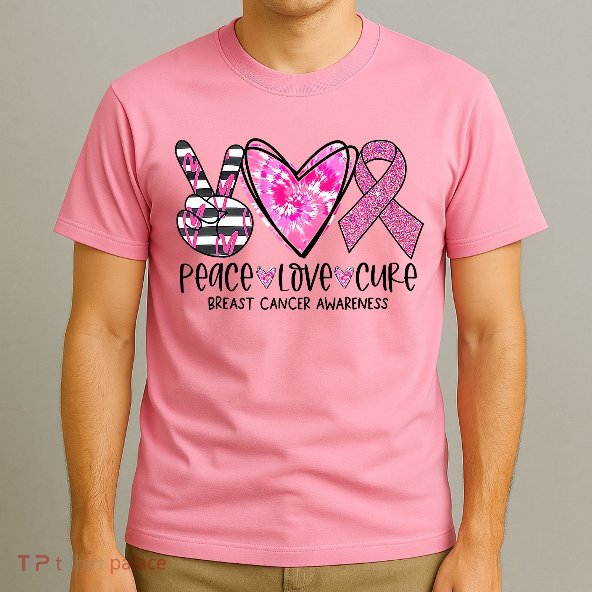 Peace Love Cure Breast Cancer Awareness Pink Ribbon Tie Dye T-Shirt