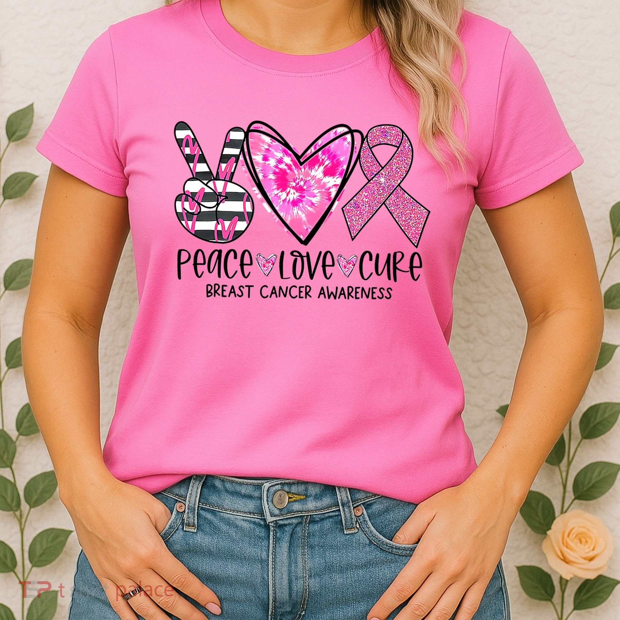 Peace Love Cure Breast Cancer Awareness Pink Ribbon Tie Dye Women's T-Shirt
