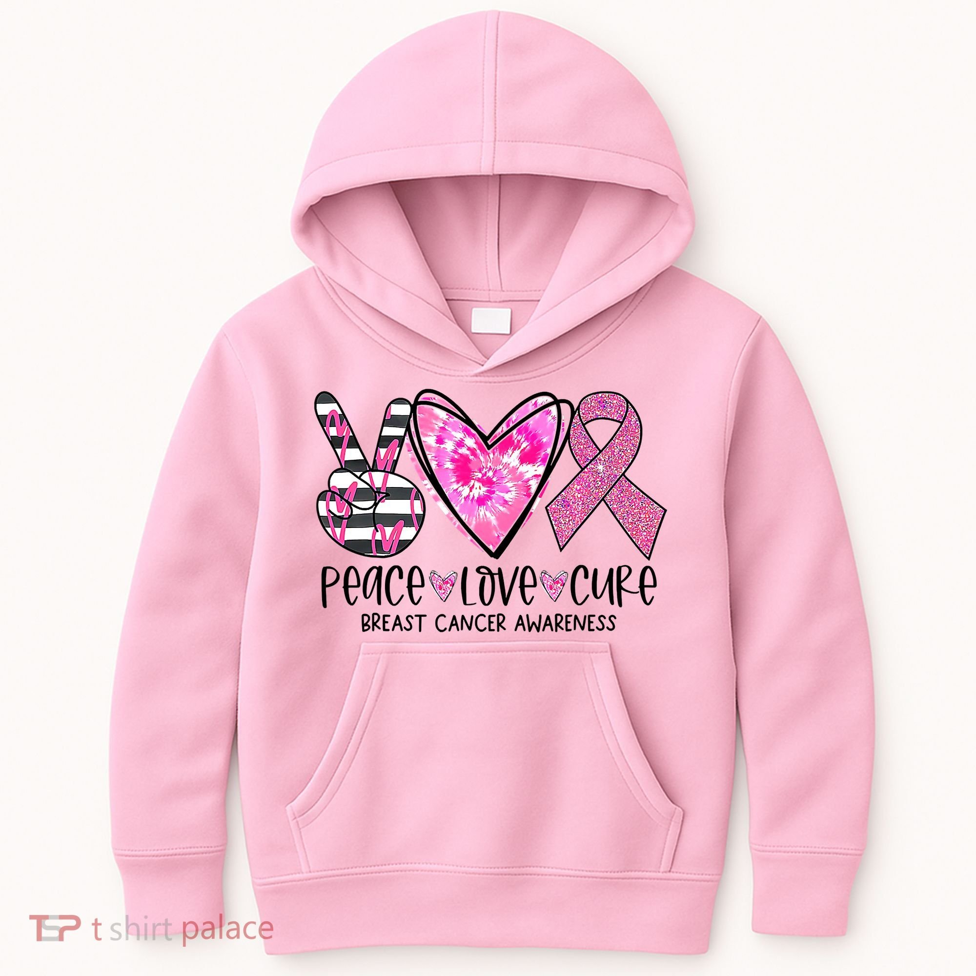 Peace Love Cure Breast Cancer Awareness Pink Ribbon Tie Dye Kids Hoodie