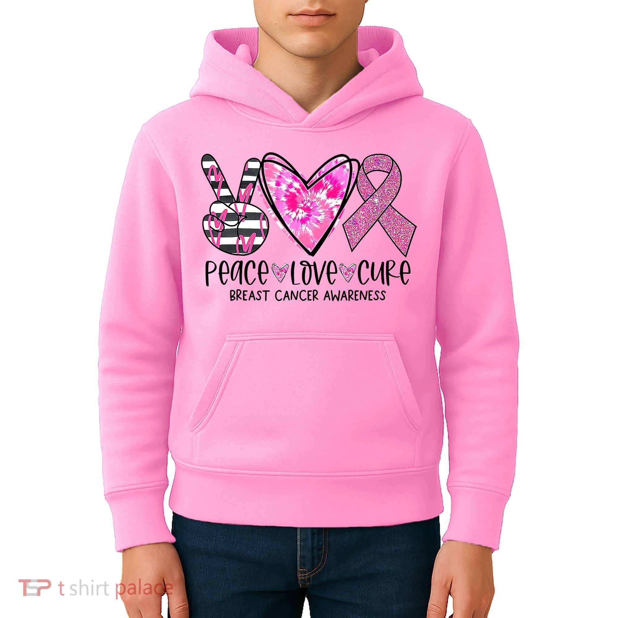 Peace Love Cure Breast Cancer Awareness Pink Ribbon Tie Dye Kids Hoodie