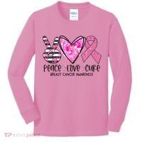 Peace Love Cure Breast Cancer Awareness Pink Ribbon Tie Dye Kids Long Sleeve Shirt thumb 0