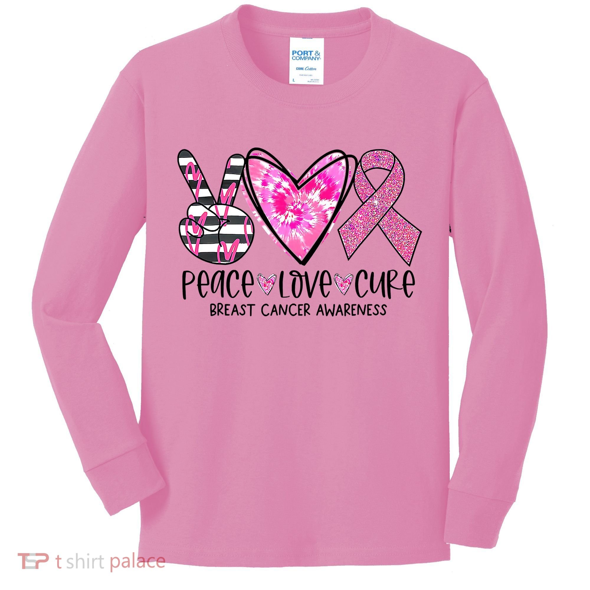 Peace Love Cure Breast Cancer Awareness Pink Ribbon Tie Dye Kids Long Sleeve Shirt