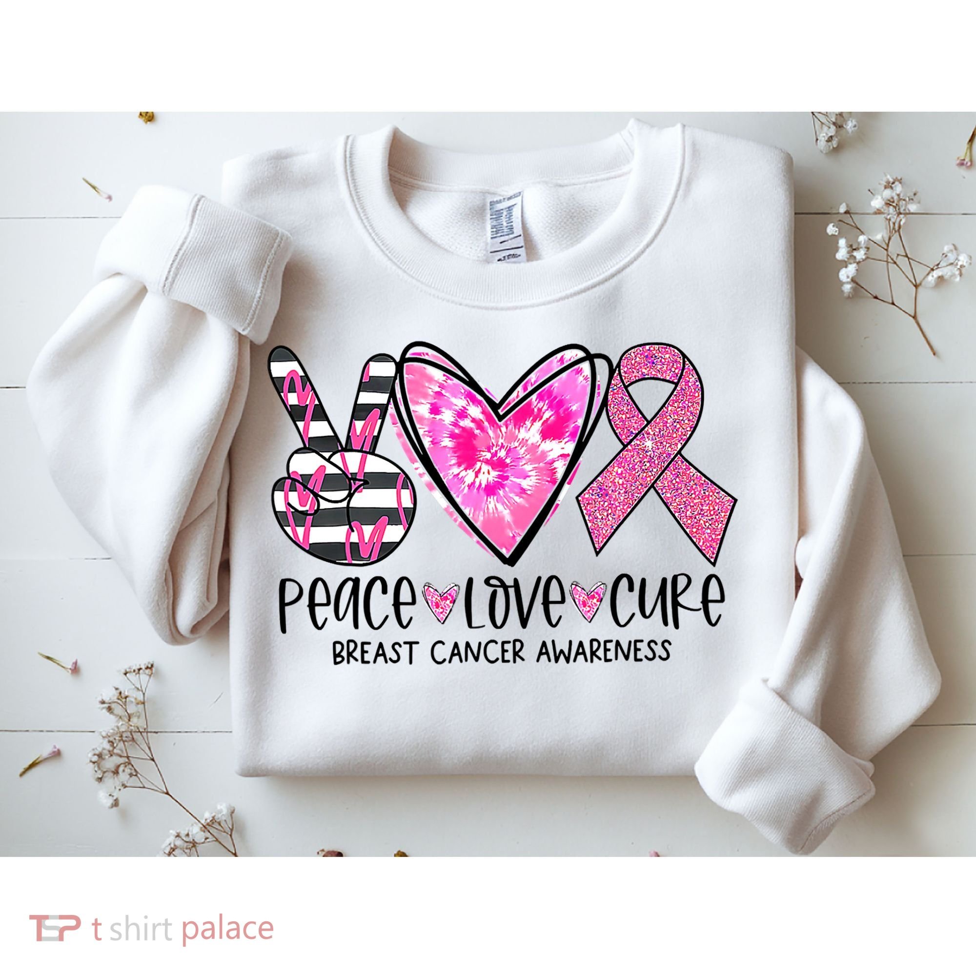 Peace Love Cure Breast Cancer Awareness Pink Ribbon Tie Dye Sweatshirt