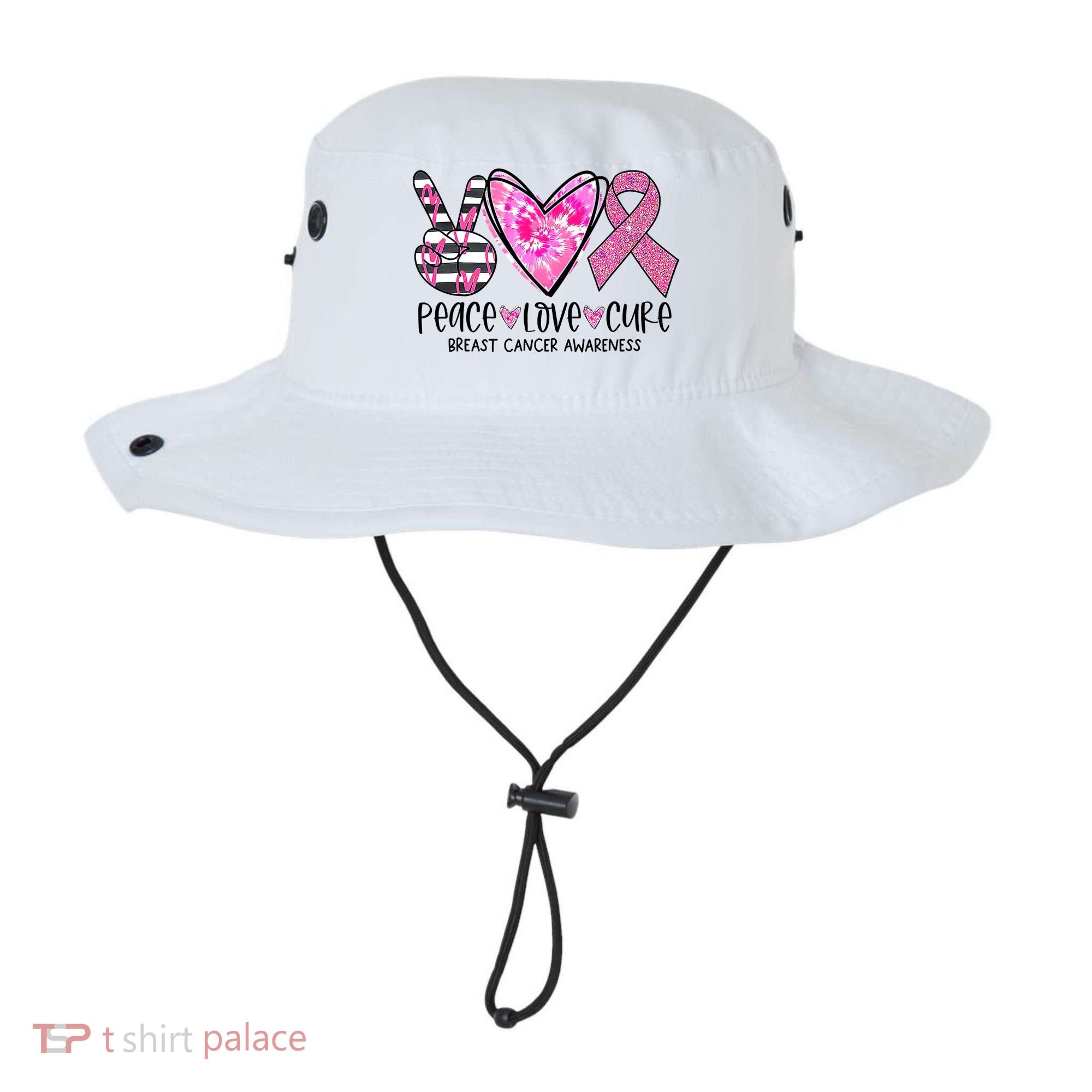 Peace Love Cure Breast Cancer Awareness Pink Ribbon Tie Dye Bucket Hat