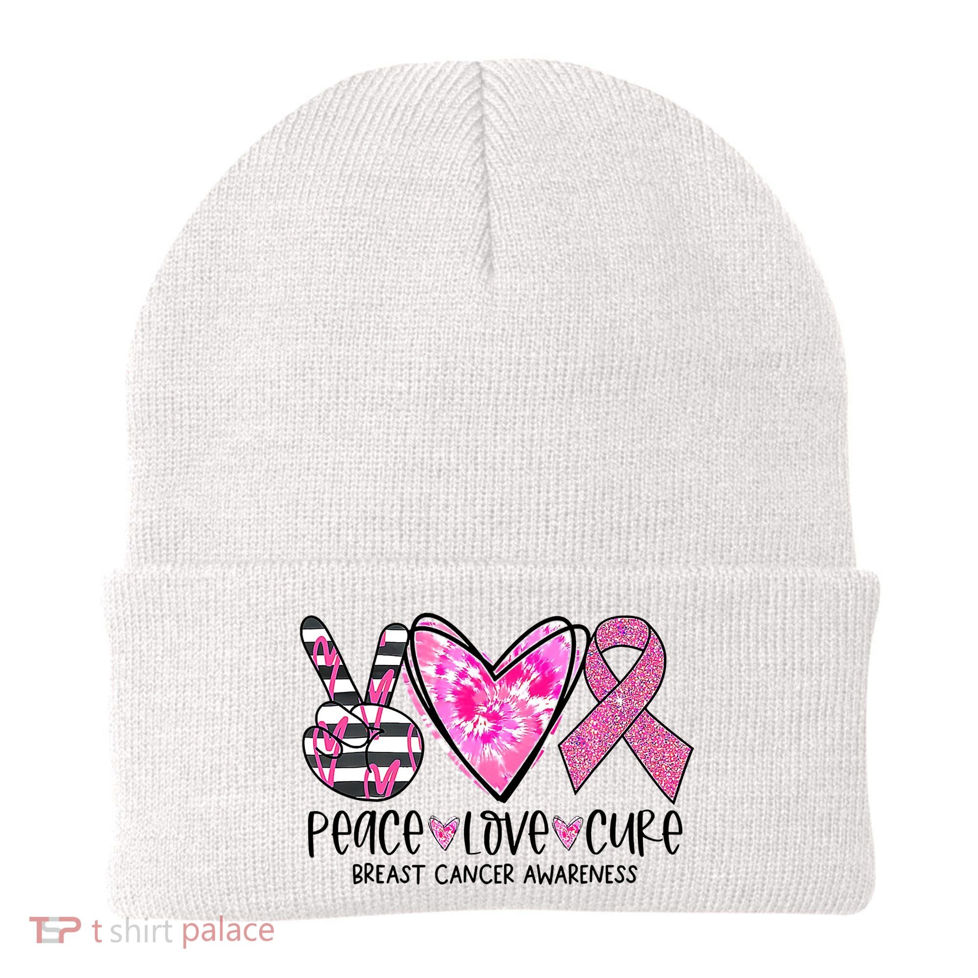 Peace Love Cure Breast Cancer Awareness Pink Ribbon Tie Dye Beanie