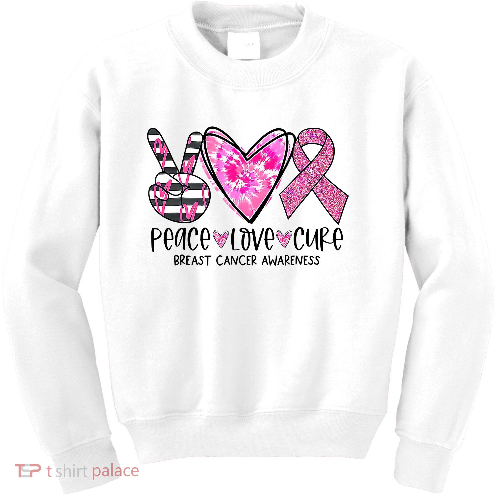 Peace Love Cure Breast Cancer Awareness Pink Ribbon Tie Dye Kids Sweatshirt