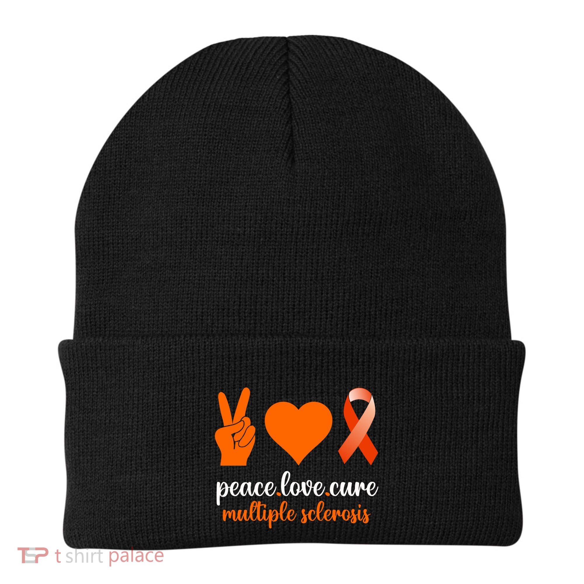 Peace Love Cure Multiple Sclerosis Awareness Family Warrior Meaningful Gift Beanie