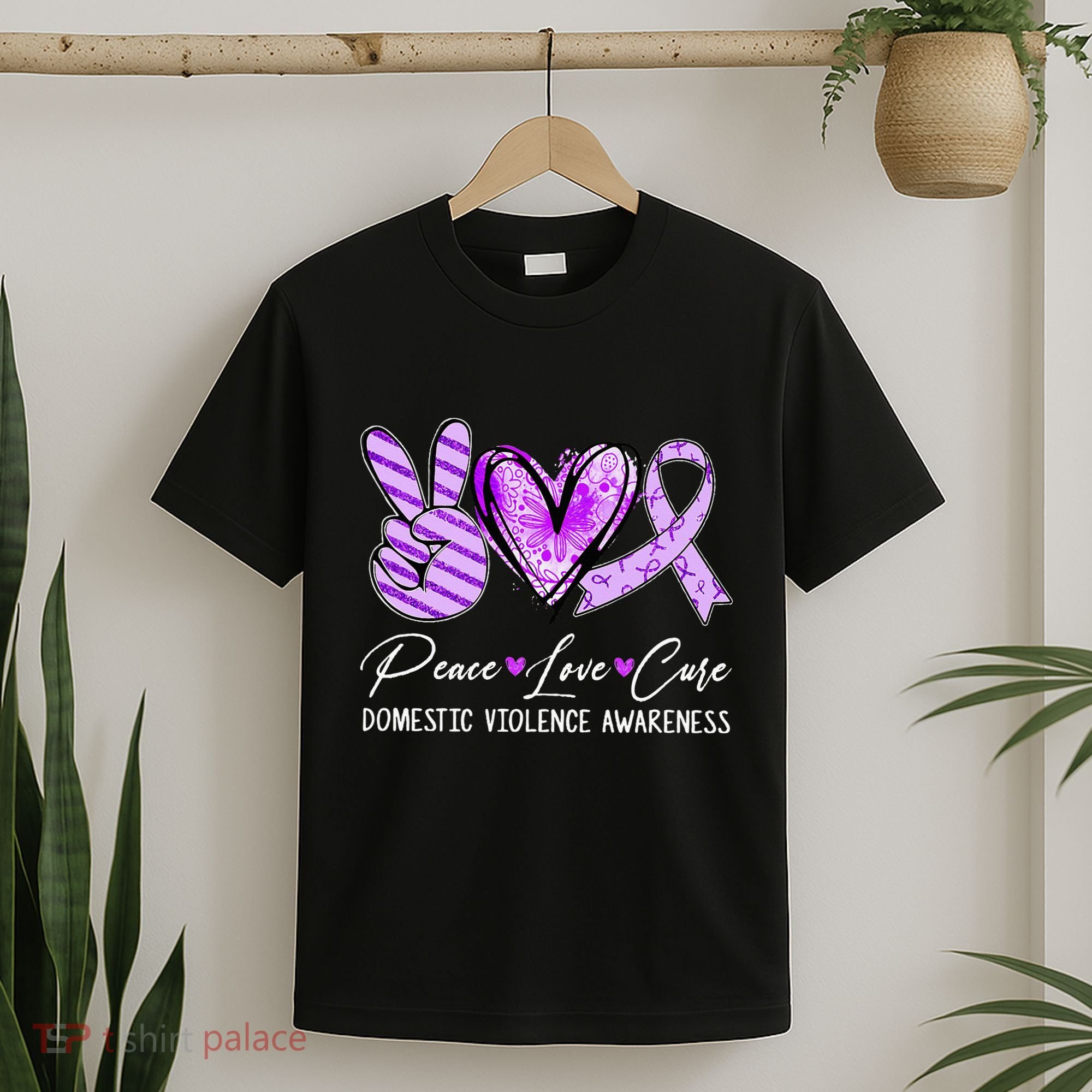 Peace Love Cure Purple Ribbon Domestic Violence Awareness T-Shirt