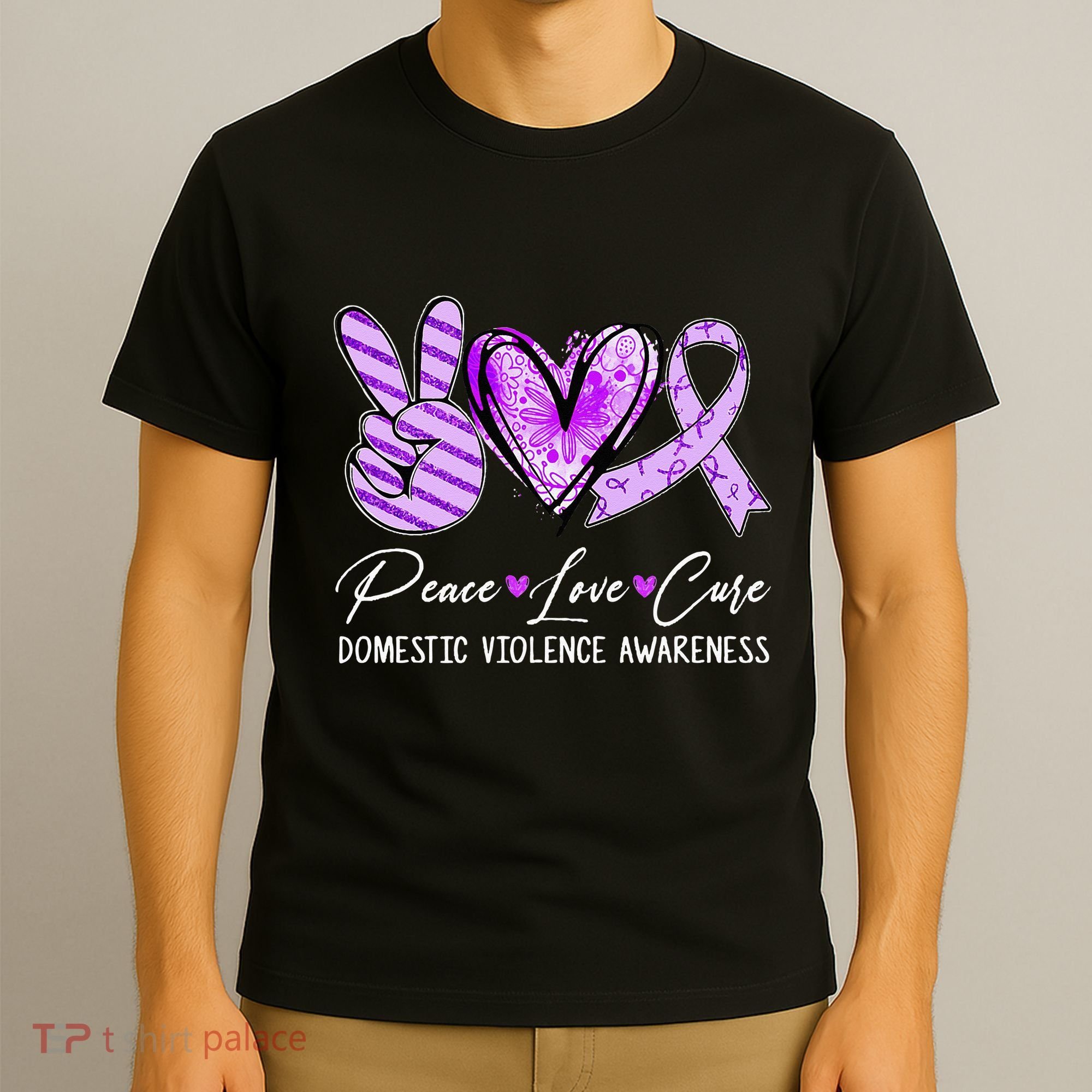 Peace Love Cure Purple Ribbon Domestic Violence Awareness T-Shirt