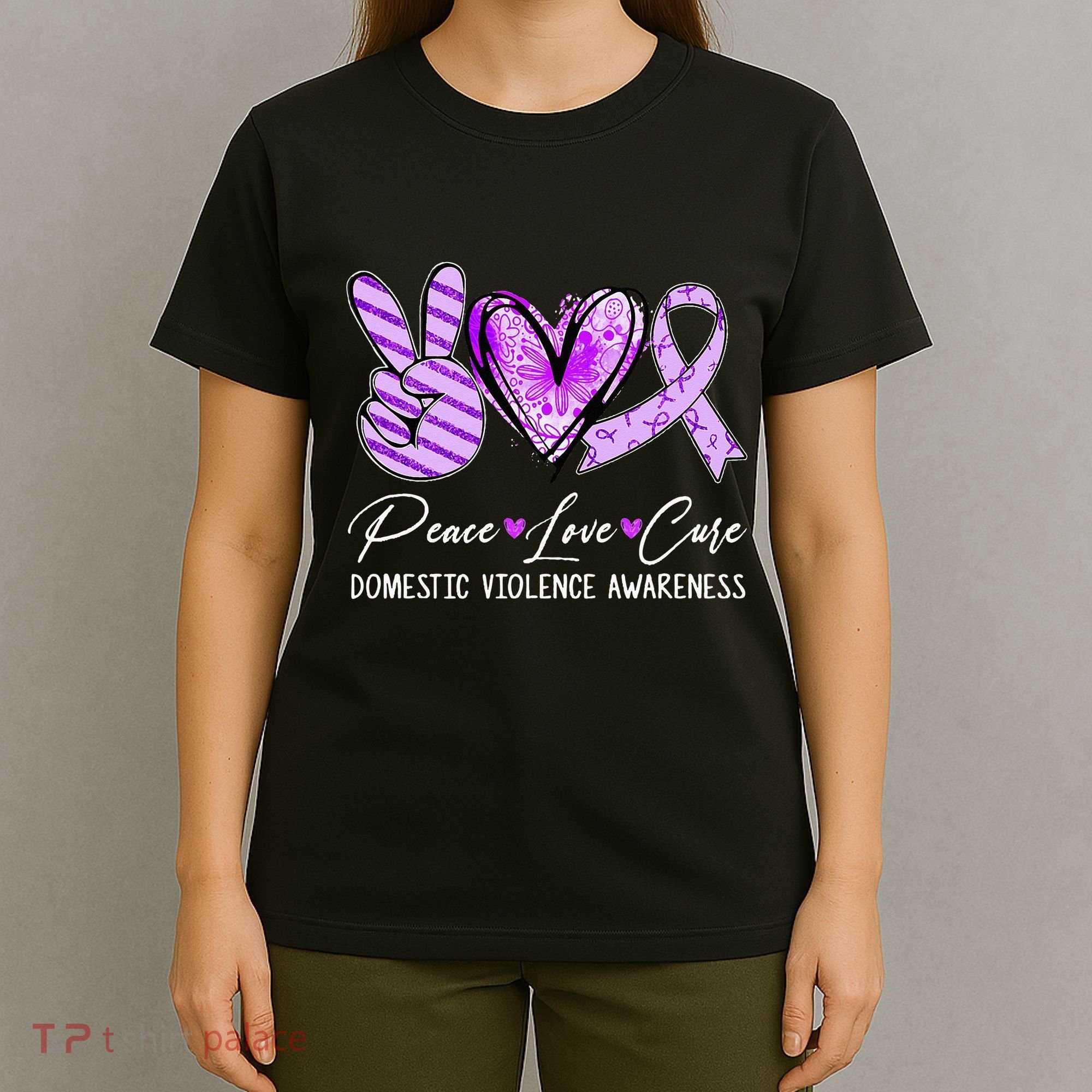 Peace Love Cure Purple Ribbon Domestic Violence Awareness T-Shirt